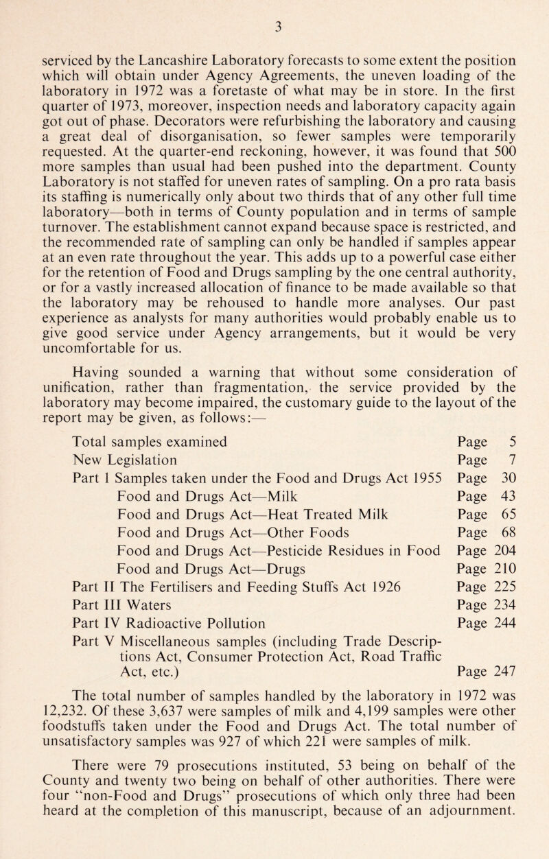 serviced by the Lancashire Laboratory forecasts to some extent the position which will obtain under Agency Agreements, the uneven loading of the laboratory in 1972 was a foretaste of what may be in store. In the first quarter of 1973, moreover, inspection needs and laboratory capacity again got out of phase. Decorators were refurbishing the laboratory and causing a great deal of disorganisation, so fewer samples were temporarily requested. At the quarter-end reckoning, however, it was found that 500 more samples than usual had been pushed into the department. County Laboratory is not staffed for uneven rates of sampling. On a pro rata basis its staffing is numerically only about two thirds that of any other full time laboratory—both in terms of County population and in terms of sample turnover. The establishment cannot expand because space is restricted, and the recommended rate of sampling can only be handled if samples appear at an even rate throughout the year. This adds up to a powerful case either for the retention of Food and Drugs sampling by the one central authority, or for a vastly increased allocation of finance to be made available so that the laboratory may be rehoused to handle more analyses. Our past experience as analysts for many authorities would probably enable us to give good service under Agency arrangements, but it would be very uncomfortable for us. Having sounded a warning that without some consideration of unification, rather than fragmentation, the service provided by the laboratory may become impaired, the customary guide to the layout of the report may be given, as follows:— Total samples examined New Legislation Part 1 Samples taken under the Food and Drugs Act 1955 Food and Drugs Act—Milk Food and Drugs Act—Heat Treated Milk Food and Drugs Act—Other Foods Food and Drugs Act—Pesticide Residues in Food Food and Drugs Act—Drugs Part II The Fertilisers and Feeding Stuffs Act 1926 Part III Waters Part IV Radioactive Pollution Part V Miscellaneous samples (including Trade Descrip¬ tions Act, Consumer Protection Act, Road Traffic Act, etc.) 12,232. Of these 3,637 were samples of milk and 4,199 samples were other foodstuffs taken under the Food and Drugs Act. The total number of unsatisfactory samples was 927 of which 221 were samples of milk. Page 5 Page 7 Page 30 Page 43 Page 65 Page 68 Page 204 Page 210 Page 225 Page 234 Page 244 Page 247 1972 was There were 79 prosecutions instituted, 53 being on behalf of the County and twenty two being on behalf of other authorities. There were four “non-Food and Drugs” prosecutions of which only three had been heard at the completion of this manuscript, because of an adjournment.