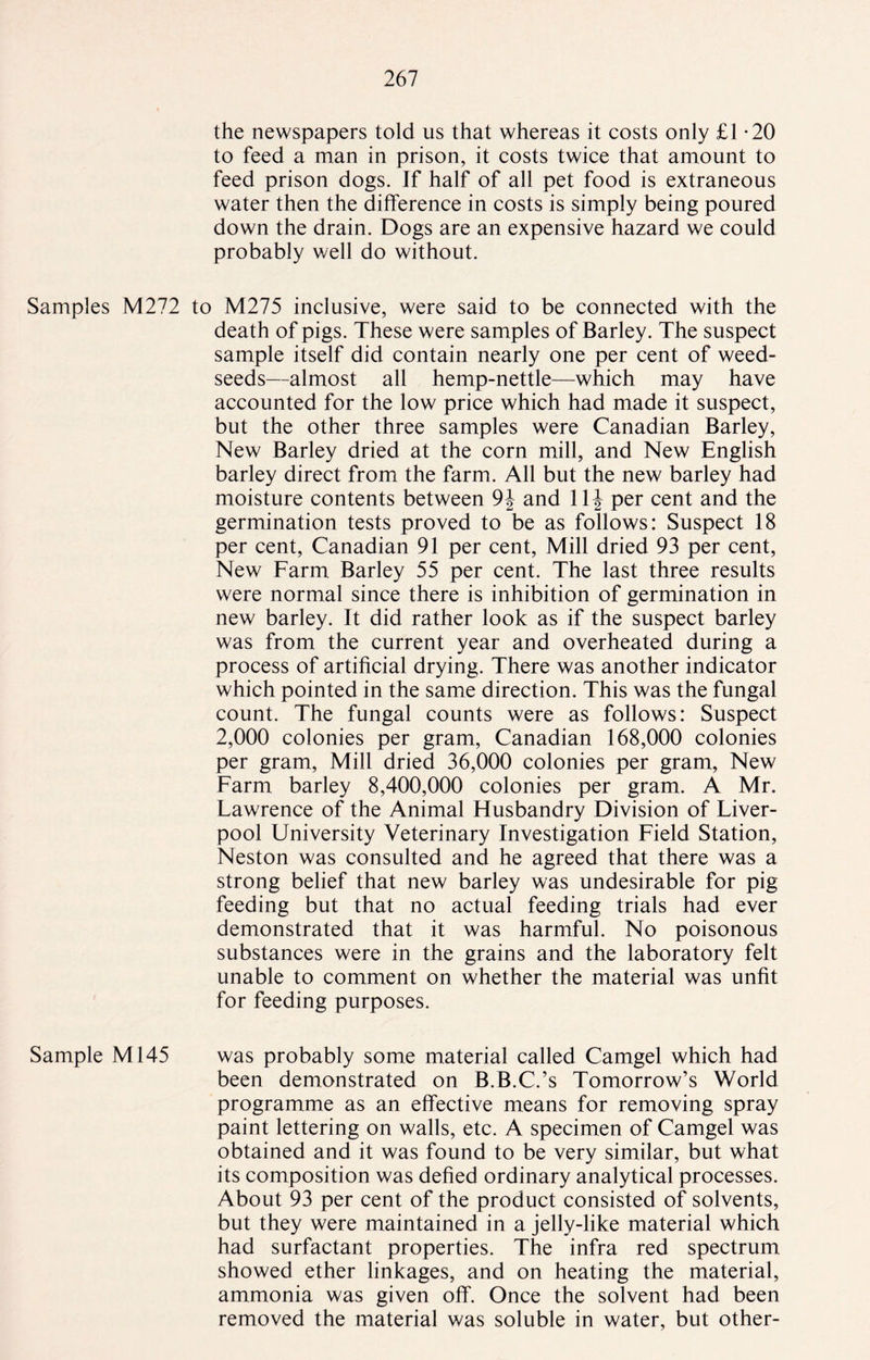 the newspapers told us that whereas it costs only £1*20 to feed a man in prison, it costs twice that amount to feed prison dogs. If half of all pet food is extraneous water then the difference in costs is simply being poured down the drain. Dogs are an expensive hazard we could probably well do without. Samples M272 to M275 inclusive, were said to be connected with the death of pigs. These were samples of Barley. The suspect sample itself did contain nearly one per cent of weed- seeds—almost all hemp-nettle—which may have accounted for the low price which had made it suspect, but the other three samples were Canadian Barley, New Barley dried at the corn mill, and New English barley direct from the farm. All but the new barley had moisture contents between 9\ and 11J per cent and the germination tests proved to be as follows: Suspect 18 per cent, Canadian 91 per cent, Mill dried 93 per cent, New Farm Barley 55 per cent. The last three results were normal since there is inhibition of germination in new barley. It did rather look as if the suspect barley was from the current year and overheated during a process of artificial drying. There was another indicator which pointed in the same direction. This was the fungal count. The fungal counts were as follows: Suspect 2,000 colonies per gram, Canadian 168,000 colonies per gram, Mill dried 36,000 colonies per gram, New Farm barley 8,400,000 colonies per gram. A Mr. Lawrence of the Animal Husbandry Division of Liver¬ pool University Veterinary Investigation Field Station, Neston was consulted and he agreed that there was a strong belief that new barley was undesirable for pig feeding but that no actual feeding trials had ever demonstrated that it was harmful. No poisonous substances were in the grains and the laboratory felt unable to comment on whether the material was unfit for feeding purposes. Sample Ml45 was probably some material called Camgel which had been demonstrated on B.B.C.’s Tomorrow’s World programme as an effective means for removing spray paint lettering on walls, etc. A specimen of Camgel was obtained and it was found to be very similar, but what its composition was defied ordinary analytical processes. About 93 per cent of the product consisted of solvents, but they were maintained in a jelly-like material which had surfactant properties. The infra red spectrum showed ether linkages, and on heating the material, ammonia was given off. Once the solvent had been removed the material was soluble in water, but other-
