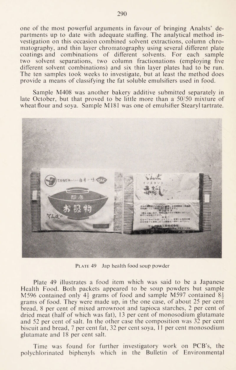 one of the most powerful arguments in favour of bringing Analsts’ de¬ partments up to date with adequate staffing. The analytical method in¬ vestigation on this occasion combined solvent extractions, column chro¬ matography, and thin layer chromatography using several different plate coatings and combinations of different solvents. For each sample two solvent separations, two column fractionations (employing five different solvent combinations) and six thin layer plates had to be run. The ten samples took weeks to investigate, but at least the method does provide a means of classifying the fat soluble emulsifiers used in food. Sample M408 was another bakery additive submitted separately in late October, but that proved to be little more than a 50/50 mixture of wheat flour and soya. Sample M181 was one of emulsifier Stearyl tartrate. Plate 49 Jap health food soup powder Plate 49 illustrates a food item which was said to be a Japanese Health Food. Both packets appeared to be soup powders but sample M596 contained only 4J grams of food and sample M597 contained 8J grams of food. They were made up, in the one case, of about 25 per cent bread, 8 per cent of mixed arrowroot and tapioca starches, 2 per cent of dried meat (half of which was fat), 13 per cent of monosodium glutamate and 52 per cent of salt. In the other case the composition was 32 per cent biscuit and bread, 7 per cent fat, 32 per cent soya, 11 per cent monosodium glutamate and 18 per cent salt. Time was found for further investigatory work on PCB’s, the polychlorinated biphenyls which in the Bulletin of Environmental