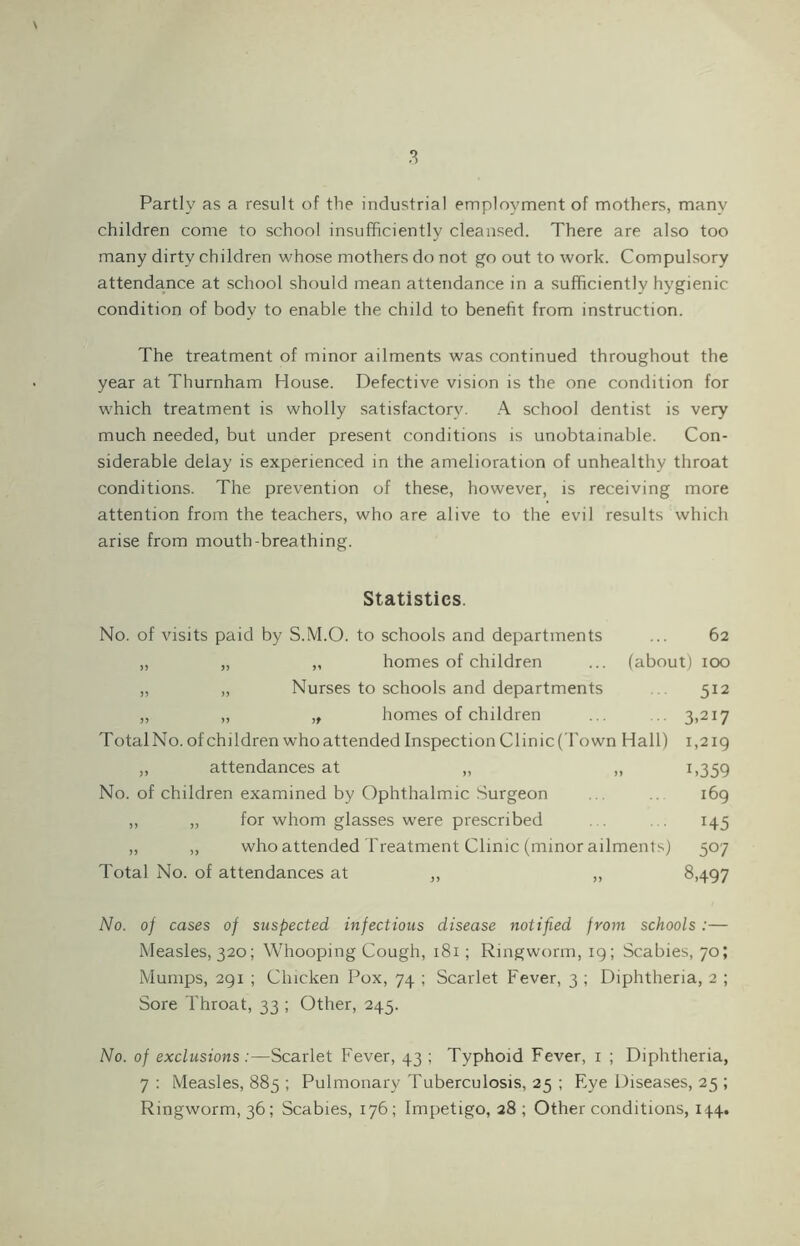 Partly as a result of the industrial employment of mothers, many children come to school insufficiently cleansed. There are also too many dirty children whose mothers do not go out to work. Compulsory attendance at school should mean attendance in a sufficiently hygienic condition of body to enable the child to benefit from instruction. The treatment of minor ailments was continued throughout the year at Thurnham House. Defective vision is the one condition for which treatment is wholly satisfactory. A school dentist is very much needed, but under present conditions is unobtainable. Con¬ siderable delay is experienced in the amelioration of unhealthy throat conditions. The prevention of these, however, is receiving more attention from the teachers, who are alive to the evil results which arise from mouth-breathing. Statistics. No. of visits paid by S.M.O. to schools and departments ... 62 „ „ „ homes of children ... (about) 100 „ „ Nurses to schools and departments 512 „ „ „ homes of children ... 3,217 Total No. of children who attended Inspection Clinic (Town Hall) 1,219 ,, attendances at ,, ,, 1 >359 No. of children examined by Ophthalmic Surgeon . 169 „ „ for whom glasses were prescribed 145 „ „ who attended Treatment Clinic (minor ailments) 507 Total No. of attendances at ,, ,, 8.497 No. of cases of suspected infectious disease notified from schools :— Measles, 320; Whooping Cough, 181; Ringworm, 19; Scabies, 70; Mumps, 291 ; Chicken Pox, 74 ; Scarlet Fever, 3 ; Diphtheria, 2 ; Sore Throat, 33 ; Other, 245. No. of exclusionsScarlet Fever, 43 ; Typhoid Fever, 1 ; Diphtheria, 7 : Measles, 885 ; Pulmonary Tuberculosis, 25 ; Eye Diseases, 25 ; Ringworm, 36; Scabies, 176; Impetigo, 28 ; Other conditions, 144.