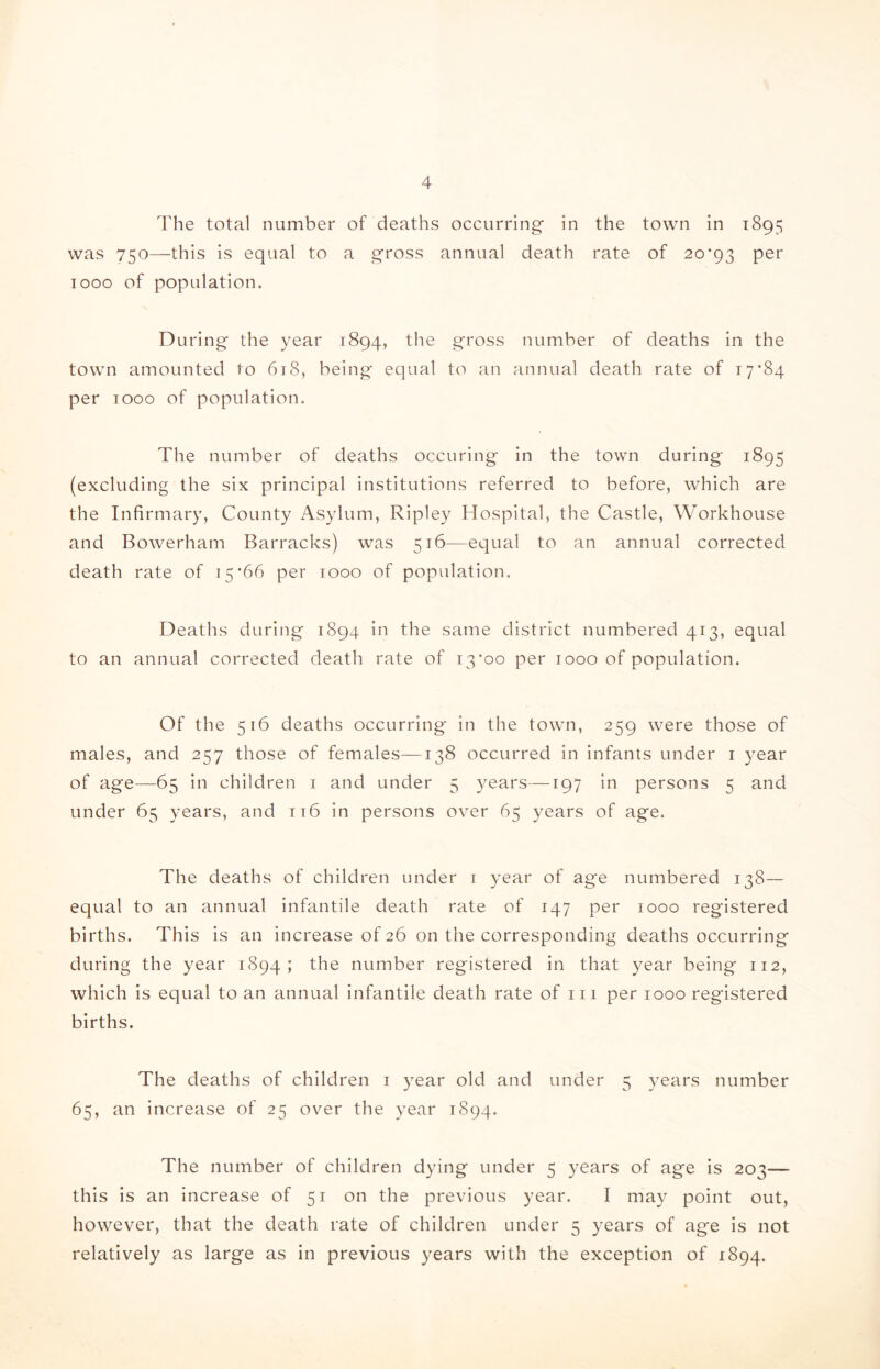 The total number of deaths occurring in the town in 1895 was 750—this is equal to a gross annual death rate of 20*93 Per 1000 of population. During the year 1894, the gross number of deaths in the town amounted to 618, being equal to an annual death rate of 17*84 per 1000 of population. The number of deaths occuring in the town during 1895 (excluding the six principal institutions referred to before, which are the Infirmary, County Asylum, Ripley Hospital, the Castle, Workhouse and Bowerham Barracks) was 516—equal to an annual corrected death rate of 15*66 per 1000 of population. Deaths during 1894 in the same district numbered 413, equal to an annual corrected death rate of 13*00 per 1000 of population. Of the 516 deaths occurring in the town, 259 were those of males, and 257 those of females—138 occurred in infants under 1 year of age—65 in children 1 and under 5 years—197 in persons 5 and under 65 years, and ri6 in persons over 65 years of age. The deaths of children under 1 year of age numbered 138— equal to an annual infantile death rate of 147 per 1000 registered births. This is an increase of 26 on the corresponding deaths occurring during the year 1894; the number registered in that year being 112, which is equal to an annual infantile death rate of in per 1000 registered births. The deaths of children 1 year old and under 5 years number 65, an increase of 25 over the year 1894. The number of children dying under 5 years of age is 203— this is an increase of 51 on the previous year. I may point out, however, that the death rate of children under 5 years of age is not relatively as large as in previous years with the exception of 1894.