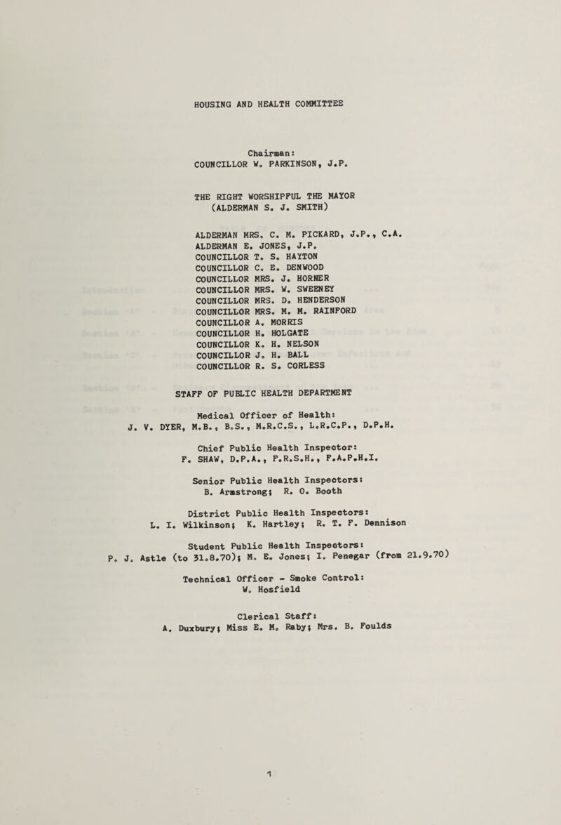 HOUSING AND HEALTH COMMITTEE Chairman s COUNCILLOR W. PARKINSON, J.P. THE RIGHT WORSHIPFUL THE MAYOR (ALDERMAN S. J. SMITH) ALDERMAN MRS. C. M. PICKARD, J.P., C.A. ALDERMAN E. JONES, J.P. COUNCILLOR T. S. HAYTON COUNCILLOR C. E. DENWOOD COUNCILLOR MRS. J. HORNER COUNCILLOR MRS. W. SWEENEY COUNCILLOR MRS. D. HENDERSON COUNCILLOR MRS. M. M. RAINFORD COUNCILLOR A. MORRIS COUNCILLOR H. HOLGATE COUNCILLOR K. H. NELSON COUNCILLOR J. H. BALL COUNCILLOR R. S. CORLESS STAFF OF PUBLIC HEALTH DEPARTMENT Medical Officer of Healths J. V. DYER, M.B., B.S., M.R.C.S., L.R.C.P., D.P.H. Chief Public Health Inspector: F. SHAW, D.P.A., F.R.S.H., F.A.P.H.I. Senior Public Health Inspectors: B. Armstrong; R. 0. Booth District Public Health Inspectors: L. I. Wilkinson; K. Hartley; R. T. F. Dennison Student Public Health Inspectors: P. J. Astle (to 31.8.70); M. E. Jones; I. Penegar (from 21.9.70) Technical Officer - Smoke Control: W. Hosfield Clerical Staffs A. Duxbury; Miss E. M0 Raby; Mrs. B. Foulds 1