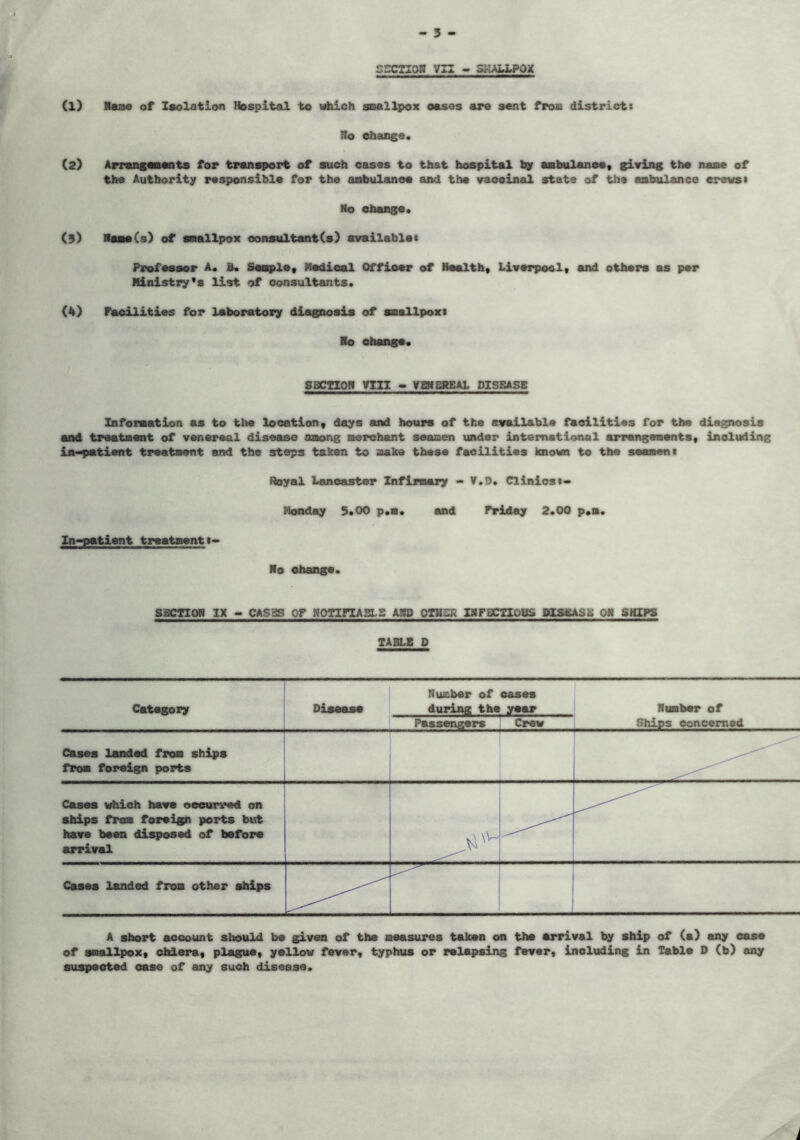 SECTION VII - SMALLPOX Cl) Name of Isolation Hospital to which smallpox oases are sent from district: Ho change. (2) Arranged*nts for transport of such cases to that hospital by ambulance, giving the name of the Authority responsible for the ambulanee and the vacoinal state of the ambulance crewst No change. (3) Marne (s) of smallpox oonsultantCs) available: Professor A. B. Semple, Medical Officer of Health, Liverpool, and others as per Ministry’s list of consultants. (4) Facilities for laboratory diagnosis of smallpox: Mo change. SECTION VIII - VENEREAL DISEASE Information as to the location, days and hours of the available facilities for the diagnosis and treatment of venereal disease among merchant seamen under international arrangements, including in-patient treatment and the steps taken to make these facilities known to the seamen: Royal Lancaster Infirmary - V.D. Clinics:- Monday 3.00 p.m. and Friday 2.00 p«a. In-patient treatment:- No change. SECTION IX - CAS35 OF NOTIFIABLE AMD OTHER INFECTIOUS DISEASE OH SHIPS TABLE 0 Category Disease Number of oases during the year Number of Ships concerned Passengers Crew Cases landed from ships from foreign ports Cases which have occurred on ships from foreign ports but have been disposed of before arrival Cases landed from other ships A short account should be given of the measures taken on the arrival by ship of (a) any case of smallpox, chiera, plague, yellow fever, typhus or relapsing fever, including in Table D (b) any suspected case of any such disease.