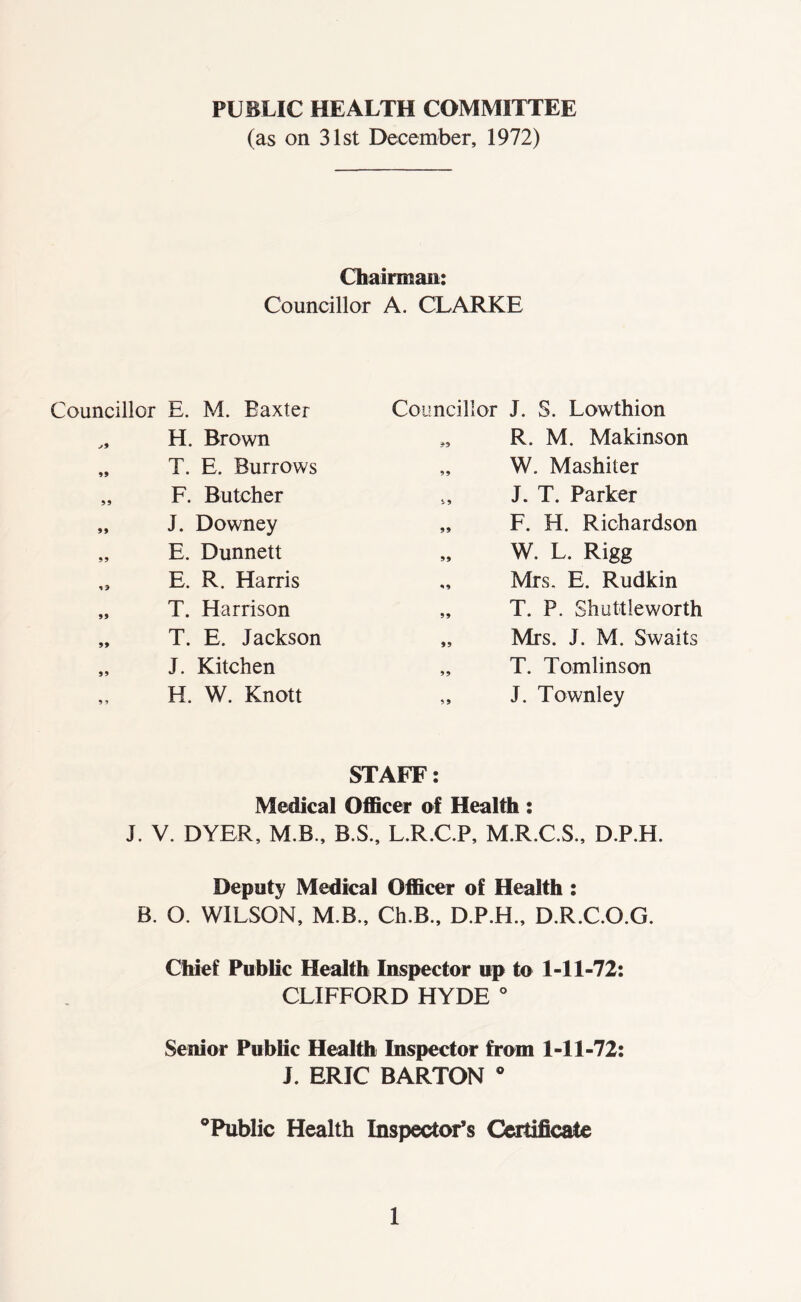 PUBLIC HEALTH COMMITTEE (as on 31st December, 1972) Chairman: Councillor A. CLARKE Councillor E. M. Baxter Councillor J. S. Lowthion j9 H. Brown *9 R. M. Makinson 99 T. E. Burrows 99 W. Mashiter 99 F. Butcher S- 9 J. T. Parker 99 J. Downey 99 F. H. Richardson 99 E. Dunnett 99 W. L. Rigg 93 E. R. Harris 99 Mrs. E. Rudkin 99 T. Harrison 99 T. P. Shuttle worth 99 T. E. Jackson 99 Mrs. J. M. S waits 99 J. Kitchen 99 T. Tomlinson 9 9 H. W. Knott 99 J. Townley STAFF: Medical Officer of Health : J. V. DYER, M.B., B.S., L.R.CP, M.R.C.S., D.P.H. Deputy Medical Officer of Health : B. O. WILSON, M.B., Ch.B., D.P.H., D.R.C.O.G. Chief Public Health Inspector up to 1-11-72: CLIFFORD HYDE ° Senior Public Health Inspector from 1-11-72: J. ERIC BARTON ° °Public Health Inspector’s Certificate