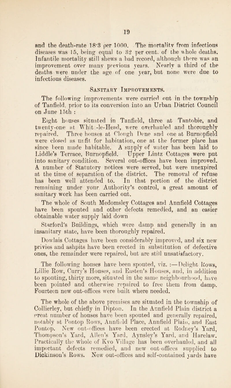 and the death-rate 18*3 per 1000. The mortality from infections diseases was 15, being equal to 82 per cent, of the whole deaths. Infantile mortality still shews a bad record, although tlmre was an improvement over many previous years. Nearly a third of the deaths were tinder the age of one year, but none were due to infectious diseases. Sanitary Improvements. The following improvements were carried out in the towmship of Tanfield, prior to its conversion into an Urban District Council on June 15th : Eight houses situated in Tanfield, three at Tantobie, and twenty-one at Whit -le-Head, were overhauled and thoroughly repaired. Three houses at Clough Dene and one at Burnopfield were closed as unfit for habitation, one at the former place has since been made habitable. A supply of water has been laid to Riddle’s Terrace, Burnopfield. Upper Lintz Cottages were put into sanitary condition. Several out-offices have been improved. A number of Statutory notices were served, but were unexpired at the time of separation of the district. The removal of refuse has been well attended to. In that portion of the district remaining under your Authority’s control, a great amount of sanitary work has been carried out. The whole of South Medomsley Cottages and Annfield Cottages have been spouted and other defects remedied, and an easier obtainable water supply laid down Stafford's Buildings, which were damp and generally in an insanitary state, have been thoroughly repaired. Dowdais Cottages have been considerably improved, and six newr privies and ashpits have been erected in substitution of defective ones, the remainder were repaired, but are still unsatisfactory. The following houses have been spouted, viz. :—Delight Rows, Lillie Row, Curry’s Houses, and Easten’s Houses, and, in addition to spouting, thirty more, situated in the same neighbourhood, have been pointed and otherwise repaired to free them from damp. Fourteen new out-offices wTere built where needed. The whole of the above premises are situated in the township of Collierley, but chiefly in Dipton. In the Annfield Plain district a ere at number of houses have been spouted and generally repaired, notably at Pontop Rows, Annfield Place, Annfield Plain, and East Pontop. New out-offices have been erected at Rodney’s Yard, Thompson’s Yard, Allen’s Yard, Aynsley’s Yard, and Harelaw. Practically the whole of Kyo Village has been overhauled, and all important defects remedied, and new out-offices supplied to Dickinson’s Rows. New out-offices and self-contained yards have