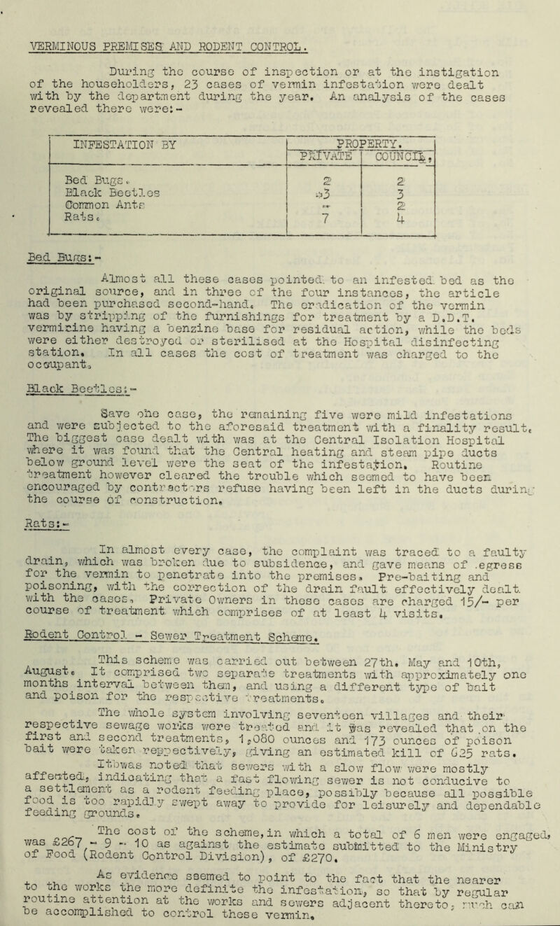VERMINOUS PREMISES AND RODENT CONTROL. During the course of inspection or at the instigation of the householders, 23 cases of vermin infestation were dealt with hy the department during the year. An analysis of the cases revealed there were:- INFESTATION BY PRO] PERTY. 'PRIVATE COUNCIL, Bed Bugs, 2 2 Black Beetles 3 Common Ants 2 Rats c 7 4 -— -— 4 Bed Bugs:- Almost all these cases pointed, to an infested, bed as the original source, and in three of the four instances, the article had been purchased second-hand* The eradication of the vermin was hy stripping of the furnishings for treatment hy a D.D.T. verminine having a benzine base for residual action, while the beds were either destroyed or sterilised at the Hospital disinfecting station. In all cases the cost of treatment was charged to the ocoupanta Black Beetles;- Save die case, the remaining five were mild infestations and were subjected to the aforesaid treatment with a finality result. The biggest case dealt with was at the Central Isolation Hospital where it was found that the Central heating and steam pipe ducts below ground level were the seat of the infestation. Routine treatment however cleared the trouble which seemed to have been encouraged by contractors refuse having been left in the ducts during the course of construction. Rats:- In almost every case, the complaint was traced to a faulty drain, which.was broken due to subsidence, and gave means of .egress for the vermin to penetrate into the premises. Pre-baiting and poisoning, with the correction of the drain fault effectively dealt, with the oasest Private Owners in these cases are charged 15/~ per course of treatment which comprises of at least 4 visits. RpAe.nt Control - Sewer Treatment Scheme. This scheme was carried out between 27th, May and 10th, Augustc It comprised two separate treatments with approximately one months interval between than, and using a different type of trait and poison for the respective treatments. The whole system involving seventeen villages and- their- respective sewage works were treated and. it $as revealed that ,on the first and second treatments, 1,080 ounces and 173 ounces of poison bait were taken respectively, giving an estimated kill of 625 rats. 11-13was noted!. that sewers with a slow flow were mostly affen-ted, Indicating that a fast flowing sev/er is not conducive to a settlement as^a rodent feeding place, possibly because all possible lood is ~coo rapidly swept away to provide for leisurely and dependable feeding grounds. nnc-} c?3^ 01 scheme, in which a total of 6 men were engaged, W5S^£257 “ 9 ~ i° as against the estimate submitted to the Ministry of Pood (Rodent Control Division), of £270, As evidence seemed to point to the fact that the nearer to the works ihe more definite the infestation, so that by regular routine attention at the works and sewers adjacent thereto- much cad be accomplished to control these vermin.