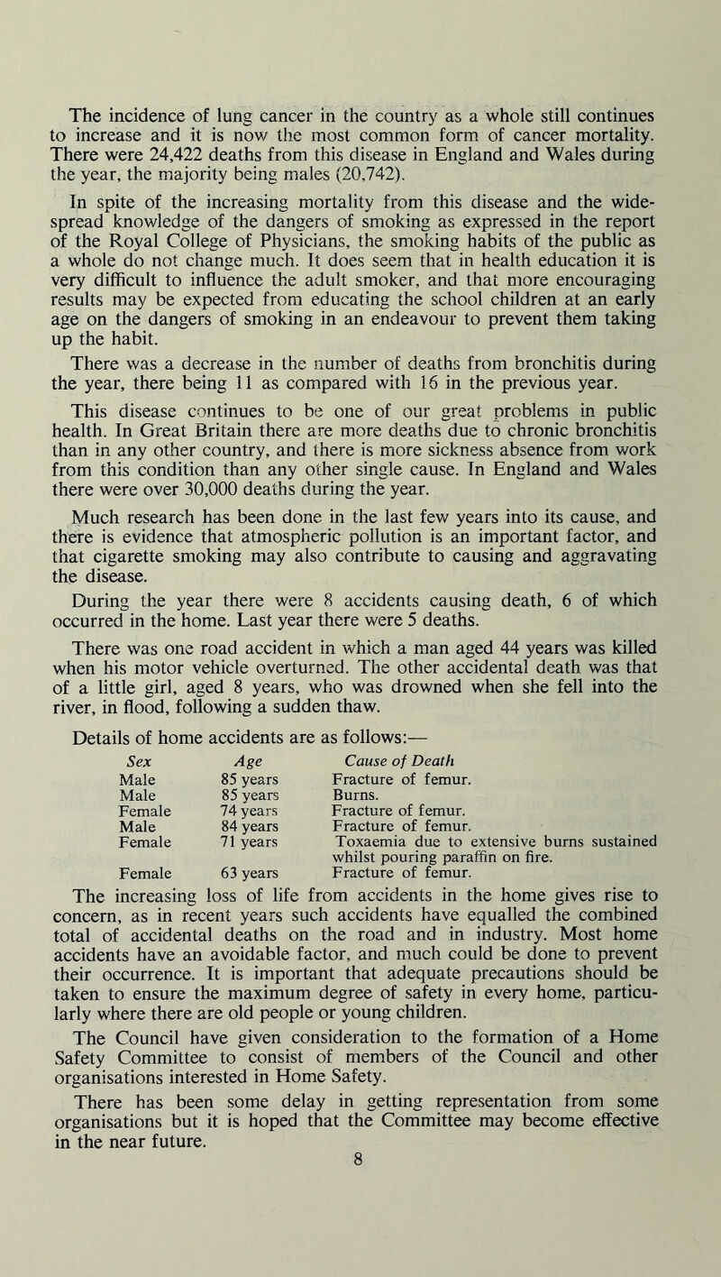 The incidence of lung cancer in the country as a whole still continues to increase and it is now the most common form of cancer mortality. There were 24,422 deaths from this disease in England and Wales during the year, the majority being males (20,742). In spite of the increasing mortality from this disease and the wide¬ spread knowledge of the dangers of smoking as expressed in the report of the Royal College of Physicians, the smoking habits of the public as a whole do not change much. It does seem that in health education it is very difficult to influence the adult smoker, and that more encouraging results may be expected from educating the school children at an early age on the dangers of smoking in an endeavour to prevent them taking up the habit. There was a decrease in the number of deaths from bronchitis during the year, there being 11 as compared with 16 in the previous year. This disease continues to be one of our great problems in public health. In Great Britain there are more deaths due to chronic bronchitis than in any other country, and there is more sickness absence from work from this condition than any other single cause. In England and Wales there were over 30,000 deaths during the year. Much research has been done in the last few years into its cause, and there is evidence that atmospheric pollution is an important factor, and that cigarette smoking may also contribute to causing and aggravating the disease. During the year there were 8 accidents causing death, 6 of which occurred in the home. Last year there were 5 deaths. There was one road accident in which a man aged 44 years was killed when his motor vehicle overturned. The other accidental death was that of a little girl, aged 8 years, who was drowned when she fell into the river, in flood, following a sudden thaw. Details of home accidents are as follows:— Sex Age Cause of Death Male 85 years Fracture of femur. Male 85 years Burns. Female 74 years Fracture of femur. Male 84 years Fracture of femur. Female 71 years Toxaemia due to extensive burns sustained whilst pouring paraffin on fire. Female 63 years Fracture of femur. The increasing loss of life from accidents in the home gives rise to concern, as in recent years such accidents have equalled the combined total of accidental deaths on the road and in industry. Most home accidents have an avoidable factor, and much could be done to prevent their occurrence. It is important that adequate precautions should be taken to ensure the maximum degree of safety in every home, particu¬ larly where there are old people or young children. The Council have given consideration to the formation of a Home Safety Committee to consist of members of the Council and other organisations interested in Home Safety. There has been some delay in getting representation from some organisations but it is hoped that the Committee may become effective in the near future.
