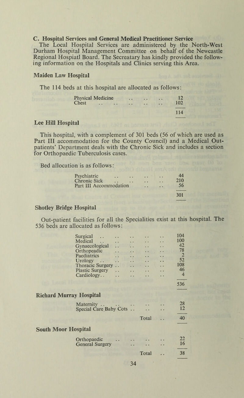 C. Hospital Services and General Medical Practitioner Service The Local Hospital Services are administered by the North-West Durham Hospital Management Committee on behalf of the Newcastle Regional Hospiatl Board. The Secreatary has kindly provided the follow¬ ing information on the Hospitals and Clinics serving this Area. Maiden Law Hospital The 114 beds at this hospital are allocated as follows: Physical Medicine .. .. .. 12 Chest .. .. .. .. .. 102 114 Lee Hill Hospital This hospital, with a complement of 301 beds (56 of which are used as Part III accommodation for the County Council) and a Medical Out¬ patients’ Department deals with the Chronic Sick and includes a section for Orthopaedic Tuberculosis cases. Bed allocation is as follows: Psychiatric . 44 Chronic Sick 210 Part III Accommodation 56 301 Shotley Bridge Hospital Out-patient facilities for all the Specialities exist at this hospital. The 536 beds are allocated as follows: Surgical .. .. .. ■ • • • 104 Medical .. .. . • • • • • 100 Gynaecological .. .. ■ • ■ • 42 Orthopeadic .. .. .. ■ • 78 Paediatrics .. .. .. • • 2 Urology. 52 Thoracic Surgery. 108 Plastic Surgery. 46 Cardiology. 4 536 Richard Murray Hospital Maternity .. 28 Special Care Baby Cots .. .. .. 12 Total .. 40 South Moor Hospital Orthopaedic .. .. . • • • 22 General Surgery 16 Total .. 38