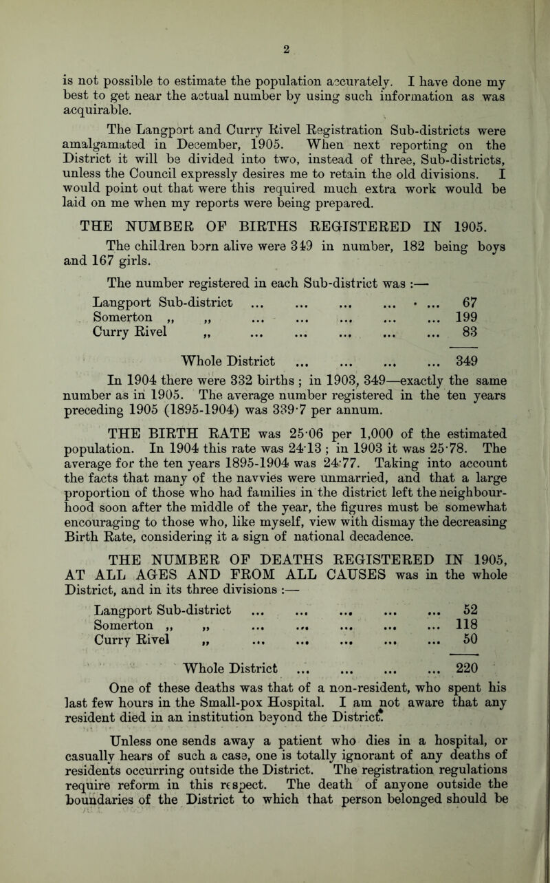 is not possible to estimate the population accurately. I have done my best to get near the actual number by using such information as was acquirable. The Langport and Curry Rivel Registration Sub-districts were amalgamated in December, 1905. When next reporting on the District it will be divided into two, instead of three, Sub-districts, unless the Council expressly desires me to retain the old divisions. I would point out that were this required much extra work would be laid on me when my reports were being prepared. THE NUMBER OF BIRTHS REGISTERED IN 1905. The children born alive were 319 in number, 182 being boys and 167 girls. The number registered in each Sub-district was :— Langport Sub-district ... ... ... ... «... 67 Somerton ,, „ ... ... ... ... ... 199 Curry Rivel „ ... ... ... ... ... 83 Whole District ... ... ... ... 349 In 1904 there were 332 births ; in 1903, 349—exactly the same number as in 1905. The average number registered in the ten years preceding 1905 (1895-1904) was 339*7 per annum. THE BIRTH RATE was 25*06 per 1,000 of the estimated population. In 1904 this rate was 24*13 ; in 1903 it was 25*78. The average for the ten years 1895-1904 was 24*77. Taking into account the facts that many of the navvies were unmarried, and that a large proportion of those who had families in the district left the neighbour¬ hood soon after the middle of the year, the figures must be somewhat encouragiog to those who, like myself, view with dismay the decreasing Birth Rate, considering it a sign of national decadence. THE NUMBER OF DEATHS REGISTERED IN 1905, AT ALL AGES AND FROM ALL CAUSES was in the whole District, and in its three divisions :— Langport Sub-district ... ... ... ... ... 52 Somerton ,, „ ... ... ... ... ... 118 Curry Rivel „ . 50 Whole District ..220 One of these deaths was that of a non-resident, who spent his last few hours in the Small-pox Hospital. I am not aware that any resident died in an institution beyond the District. Unless one sends away a patient who dies in a hospital, or casually hears of such a case, one is totally ignorant of any deaths of residents occurring outside the District. The registration regulations require reform in this respect. The death of anyone outside the boundaries of the District to which that person belonged should be