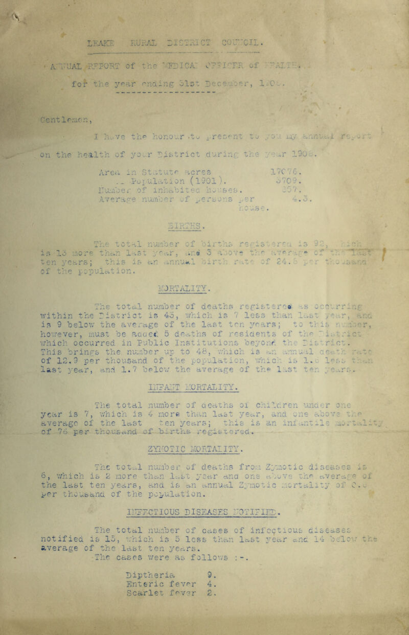 LEAKE RURAL LISTRICT COUNCIL. • Ai 'K UAL -REPORT of the ' ':KD IC A'.’ OTrl'TR of Ay: . for the year ending bis* December, 190.. Centlemon, I la-ve the honour .tv rresent to you my annual re on the health of your District during the • wr 110 . Area in Statute acres Population (,1901m ITumher of inhabited In uses. Average number of persons .nr no O-S 0 17C76. o709. 357. 4.3. BIRTHS. The total number of births regis wercu is 92, ic is 13 more than last year, an# 3 above torn nv* fa * cf th **1 t or. years; this is an annual birth r 3f 24. * of the population. MORTALITY. The total number of deaths registers® as occurrin within the District is 43, which is 7 less than last ,r, is 9 below the average of the last ten years; to t- is ra however, must be aaaec: 5 deaths of residents of t. •- ~ i: • ric which occurred in Public Institutions devour, th. Tic riot. This brings the number up to 48, -which is a a .win ual ae-. th r of 12.9 per thousand of the population, vhic is I.j less t last year, and 1.7 below the average of the last ten years. III? ART AORTAL ITY. The total number of deaths oi children under one- year is 7, which is 4 more than last year, and me above th average of the last fen years; this is an ini ant-Is sort of 76 per thousand of .births registered. ZYKOTIC K0RTA1ITY. The total number of deaths fro; Zymotic diseases 6, which is 2 more than last year and one above the average the last ten years, ana is an annual Zymotic mortality of 0 per thousand of the population. I1TPECT10US DISEASES KOTIIIICL. The total number of cases of infectious diseases notified is 15, which is 5 less than last year and 14 below Average of the last ten years. The cases were as follows Liptheria 9. Enteric fever 4. Scarlet fever 2.