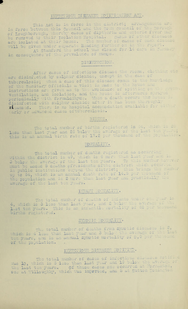 IITPECT10US If SEASET EOT IE I- .eEiOE AO? . . £..-, b 2*1 G v } t&fl a... - - - - - - iiid tlie Town council of ti - :;.o rough eric fev_r :.k.y - .1 Cl - •-> ix c» S S This Act is in foreo in in fo rco between this Council Of 1,0ugh*borough., \diereby cases of dipiheria .... he r. o ^ d bo t i2 iso la .... . Hospit&l. .. are isolated at their homes. 11 o ‘ - . — .12 .■ J7 - -i •rill do given v oii under separate heading further^on in th At Stanford the school was closed for a...; . in consequence ‘of Em prevnl wnc^ oi mum s . >ISIir?ECTl0i7. eh:. lc e h 3d a r After cases of infec ious disoas . .. rooms, are disinfected by sulphur dioxide, except _:e -. tuberculosis; - cuse of dissaj of the sanitary Officials a visit is race, re t. -w instructions arc given as to t avoidanc of ventilation, and isolation, ana tl . no use •• - per iodic-all;/ with fo raaldihyd . ■- oat disinfected with sulphur dioxide aft r it has - - cl early or advanced cases oftuberculosis. BIRTHS. □ C '• * p. r> o • j. 11 L/ W vj w» “1 - p. r 1 c;f “ T : '■ V* L . ; lTj n> 0-1 - C*»l.. .JLC-uk * w this is an annual bi; -j- ra« al number of births r and 25 below the a 0 -i -L < • ti egistored T “ W r' ' / a i J- ia 54, re las i - ... _ - , , *» 1DRTA1ITY. p to tal nua ibe r of c r • r i thin ~ ill c di S o r i c' 3 below .a T _ Oxl Cv VC rag mu <*. -h V ^ L> W Ju Cddl aed 5 dCi in puhlic ins 11 t ut Up to o^ r 3 whi ch is th C po pi ;.le .t io 11 and av • -. W c* ' ^ r c-c,- o f + T-| s las a 9 hi i ch i s 6 mo r .e t n. last ten years 1 a u e o x f 14. o. - - i.j & I than 1; and pr r l -:i gw x- - - a. o u c..re »C X * Cw«ilv . V IilPAHT . h I ■ . The total number of deaths of infants una.r ce 4, which is 3 less than last -■ |  1 -*■ Sj t j ui; y C wl i s • ... - - i >~ births r egistcr -d. .t year, and 2 he lei cno -s an inf ant ilc mortality of o2 p - -,r is Tne t ZIT’OTIC : hhhhlhh- otal number of deaths from zymotic cussae ehich is a 1 oss .eir li ^ „_ __ „.m and 3 belo th: average of ten years, and is an annual zymotic mortality ox 0 > -• a -- o x tix e po pL.lxu x io n. . .j A1 j _L - -w ^ . .did ieeectiqus iichAcr- ecti'T? - The total number of cases of inxhctiea^ aisec,s 10, which is 5 loss than last year and lv below an ' . _ .... - . ' A »” hi., lost ten year; Of this- cases one occurred Wa_ ^ 1. WV KX w V V X X ^ VV . V_x . -— - one at •.Willoughby, which -..'as imported, ana 3 •:«* • - • To n ant c .• - 0 - -