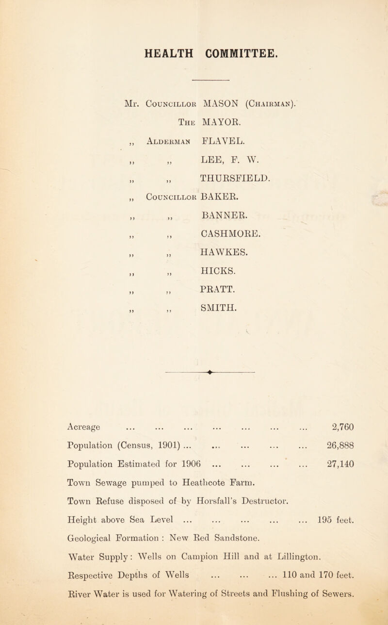 HEALTH COMMITTEE. Mr. Councillor MASON (Chairman). The MAYOR. ,, Alderman FLAVEL. „ „ LEE, F. W. „ „ THURSFIELD. ,, Councillor BAKER. „ „ BANNER. „ ,, CASHMORE. „ „ HAWKES. ,, „ HICKS. „ „ PRATT. SMITH. Acreage ... ... ... ... ... ... ... 2,760 Population (Census, 1901) ... ... ... ... ... 26,888 Population Estimated for 1906 ... ... ... ... 27,140 Town Sewage pumped to Heathcote Farm. Town Refuse disposed of by Horsfall’s Destructor. Height above Sea Level ... ... ... ... ... 195 feet. Geological Formation : New Red Sandstone. Water Supply: Wells on Campion Hill and at Lillington. Respective Depths of Wells ... ... ... 110 and 170 feet. River Water is used for Watering of Streets and Flushing of Sewers.