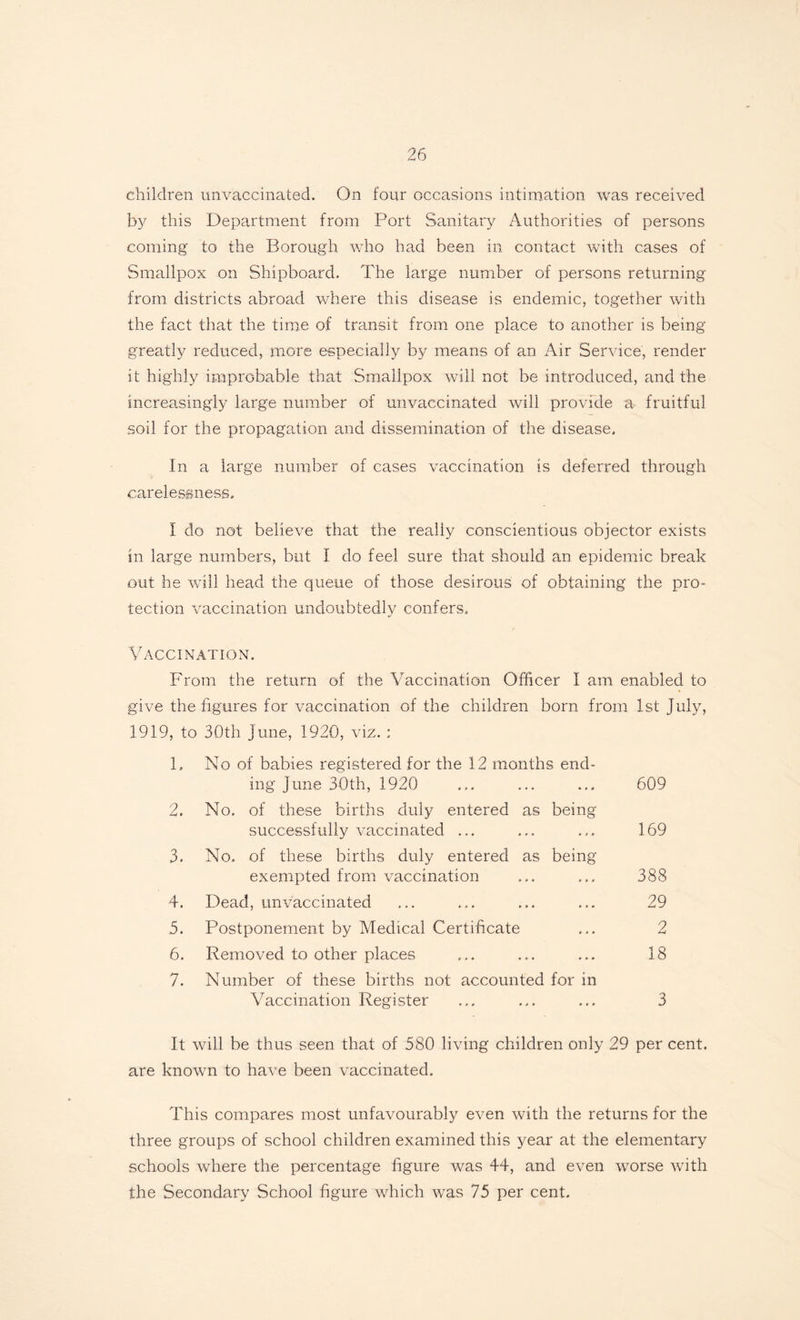 children unvaccinated. On four occasions intimation was received by this Department from Port Sanitary Authorities of persons coming to the Borough who had been in contact with cases of Smallpox on Shipboard. The large number of persons returning from districts abroad where this disease is endemic, together with the fact that the time of transit from one place to another is being greatly reduced, more especially by means of an Air Service, render it highly improbable that Smallpox will not be introduced, and the increasingly large number of unvaccinated will provide a- fruitful soil for the propagation and dissemination of the disease. In a large number of cases vaccination is deferred through carelessness. I do not believe that the really conscientious objector exists in large numbers, but I do feel sure that should an epidemic break out he will head the queue of those desirous of obtaining the pro* tection vaccination undoubtedly confers. Vaccination. From the return of the Vaccination Officer I am enabled to give the figures for vaccination of the children born from 1st July, 1919, to 30th June, 1920, viz. ; 1. No of babies registered for the 12 months end¬ ing June 30th, 1920 ... ... ... 609 2. No. of these births duly entered as being successfully vaccinated ... ... .... 169 3. No. of these births duly entered as being exempted from vaccination ... ... 383 4. Dead, unvaccinated ... ... ... ... 29 5. Postponement by Medical Certificate ... 2 6. Removed to other places ... ... ... 18 7. Number of these births not accounted for in Vaccination Register ... ... ... 3 It will be thus seen that of 580 living children only 29 per cent, are known to have been vaccinated. This compares most unfavourably even with the returns for the three groups of school children examined this year at the elementary schools where the percentage figure was 44, and even worse with the Secondary School figure which was 75 per cent.