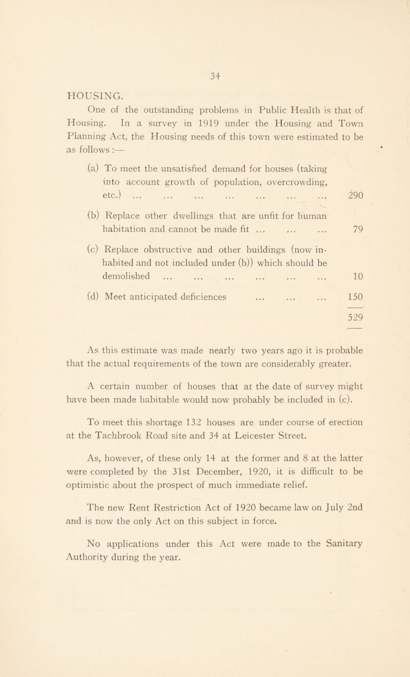 HOUSING. One of the outstanding problems in Public Health is that of Housing. In a survey in 1919 under the Housing and Town Planning Act, the Housing needs of this town were estimated to be as follows :— (a) To meet the unsatisfied demand for houses (taking into account growth of population, overcrowding, etc.) ... ... ... ... ... ... ... 290 (b) Replace other dwellings that are unfit for human habitation and cannot be made fit ... ... ... 79 (c) Replace obstructive and other buildings (now in¬ habited and not included under (b)) which should be demolished ... ... ... ... ... ... 10 (d) Meet anticipated deficiences .... ... ... 150 529 As this estimate was made nearly two years ago it is probable that the actual requirements of the town are considerably greater. A certain number of houses that at the date of survey might have been made habitable would now probably be included in (c). To meet this shortage 132 houses are under course of erection at the Tachbrook Road site and 34 at Leicester Street. As, however, of these only 14 at the former and 8 at the latter were completed by the 31st December, 1920, it is difficult to be optimistic about the prospect of much immediate relief. The new Rent Restriction Act of 1920 became law on July 2nd and is now the only Act on this subject in force. No applications under this Act were made to the Sanitary Authority during the year.