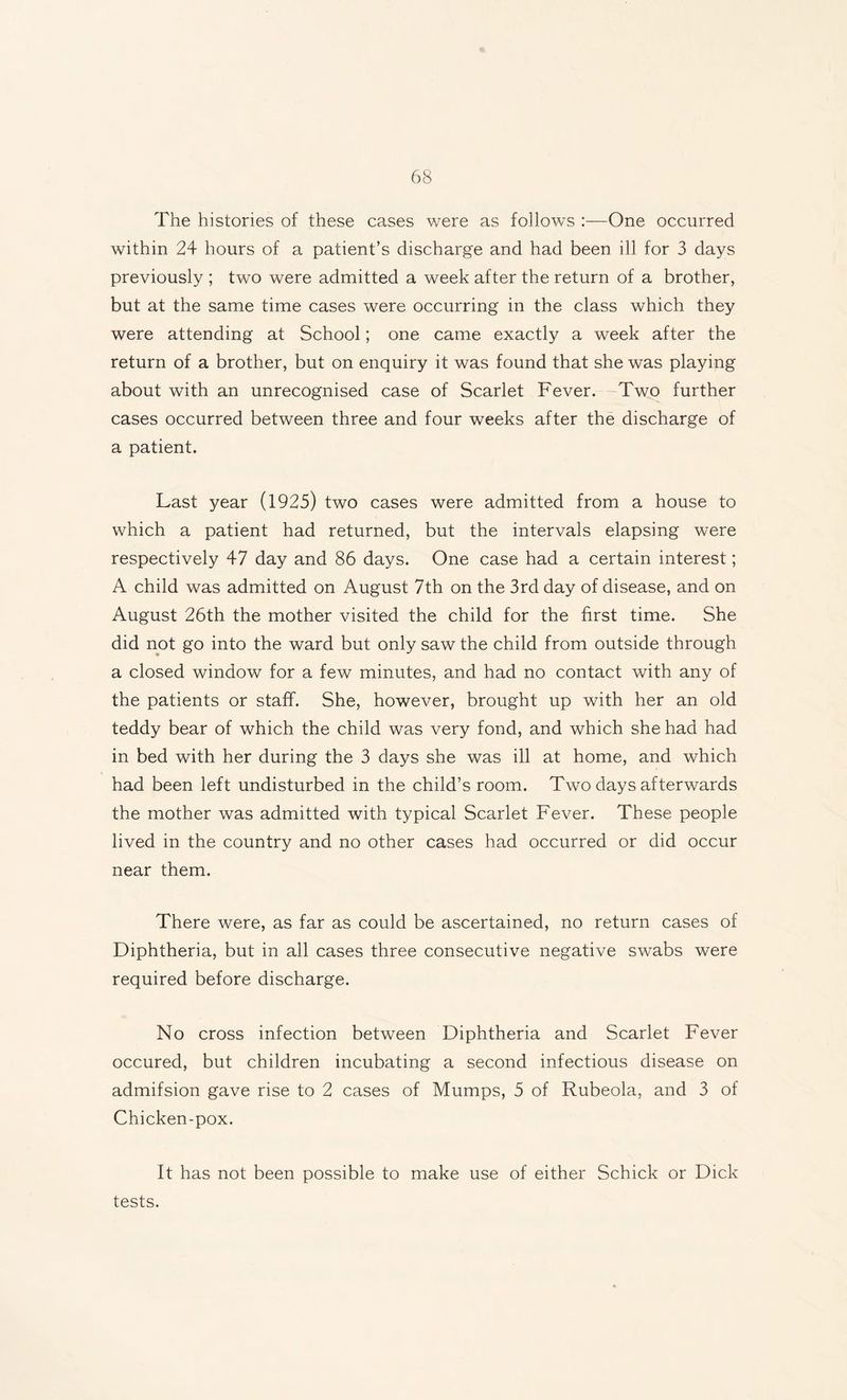 The histories of these cases were as follows :—One occurred within 24 hours of a patient’s discharge and had been ill for 3 days previously ; two were admitted a week after the return of a brother, but at the same time cases were occurring in the class which they were attending at School; one came exactly a week after the return of a brother, but on enquiry it was found that she was playing about with an unrecognised case of Scarlet Fever. Two further cases occurred between three and four weeks after the discharge of a patient. Last year (1925) two cases were admitted from a house to which a patient had returned, but the intervals elapsing were respectively 47 day and 86 days. One case had a certain interest; A child was admitted on August 7th on the 3rd day of disease, and on August 26th the mother visited the child for the first time. She did not go into the ward but only saw the child from outside through a closed window for a few minutes, and had no contact with any of the patients or staff. She, however, brought up with her an old teddy bear of which the child was very fond, and which she had had in bed with her during the 3 days she was ill at home, and which had been left undisturbed in the child’s room. Two days afterwards the mother was admitted with typical Scarlet Fever. These people lived in the country and no other cases had occurred or did occur near them. There were, as far as could be ascertained, no return cases of Diphtheria, but in all cases three consecutive negative swabs were required before discharge. No cross infection between Diphtheria and Scarlet Fever occured, but children incubating a second infectious disease on admifsion gave rise to 2 cases of Mumps, 5 of Rubeola, and 3 of Chicken-pox. It has not been possible to make use of either Schick or Dick tests.