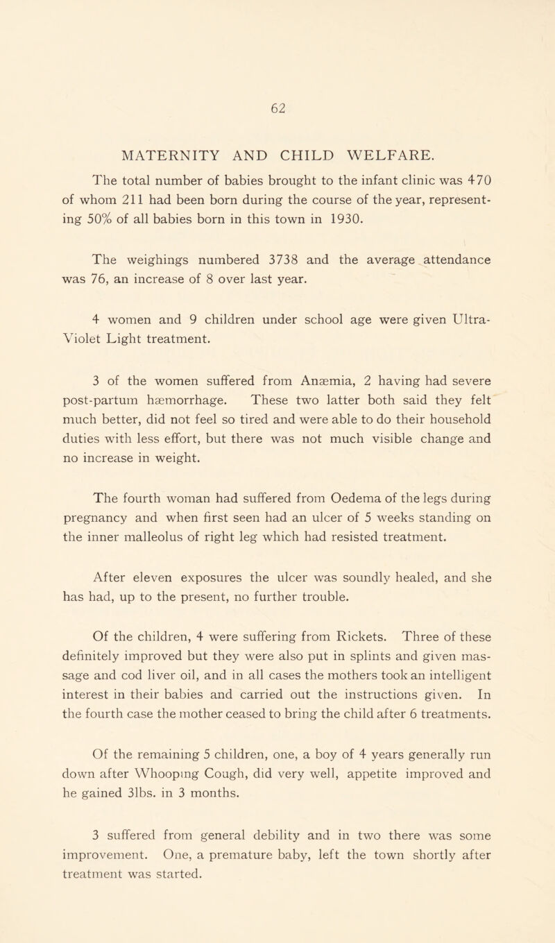 MATERNITY AND CHILD WELFARE. The total number of babies brought to the infant clinic was 470 of whom 211 had been born during the course of the year, represent¬ ing 50% of all babies born in this town in 1930. The weighings numbered 3738 and the average attendance was 76, an increase of 8 over last year. 4 women and 9 children under school age were given Ultra- Violet Light treatment. 3 of the women suffered from Anaemia, 2 having had severe post-partum haemorrhage. These two latter both said they felt much better, did not feel so tired and were able to do their household duties with less effort, but there was not much visible change and no increase in weight. The fourth woman had suffered from Oedema of the legs during pregnancy and when first seen had an ulcer of 5 weeks standing on the inner malleolus of right leg which had resisted treatment. After eleven exposures the ulcer was soundly healed, and she has had, up to the present, no further trouble. Of the children, 4 were suffering from Rickets. Three of these definitely improved but they were also put in splints and given mas¬ sage and cod liver oil, and in all cases the mothers took an intelligent interest in their babies and carried out the instructions given. In the fourth case the mother ceased to bring the child after 6 treatments. Of the remaining 5 children, one, a boy of 4 years generally run down after Whoopmg Cough, did very well, appetite improved and he gained 31bs. in 3 months. 3 suffered from general debility and in two there was some improvement. One, a premature baby, left the town shortly after treatment was started.