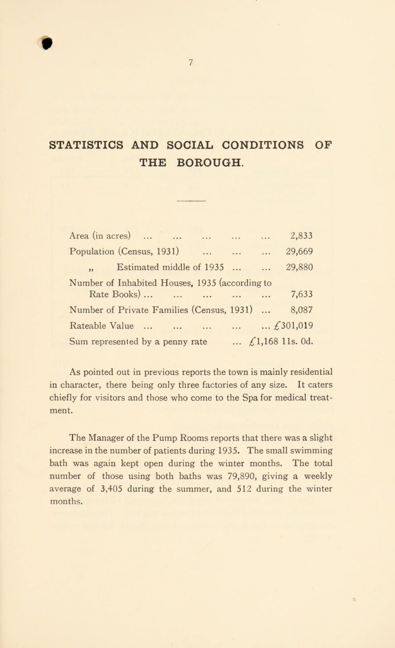 STATISTICS AND SOCIAL CONDITIONS OF THE BOROUGH. Area (in acres) ... ... ... ... ... 2,833 Population (Census, 1931) ... ... ... 29,669 „ Estimated middle of 1935 ... ... 29,880 Number of Inhabited Houses* 1935 (according to Rate Books) ... ... ... ... ... 7,633 Number of Private Families (Census, 1931) ... 8,087 Rateable Value ... ... ... ... ... ^*301,019 Sum represented by a penny rate ... ^1,168 11s. Od. As pointed out in previous reports the town is mainly residential in character, there being only three factories of any size. It caters chiefly for visitors and those who come to the Spa for medical treat¬ ment. The Manager of the Pump Rooms reports that there was a slight increase in the number of patients during 1935. The small swimming bath was again kept open during the winter months. The total number of those using both baths was 79,890, giving a weekly average of 3,405 during the summer, and 512 during the winter months.