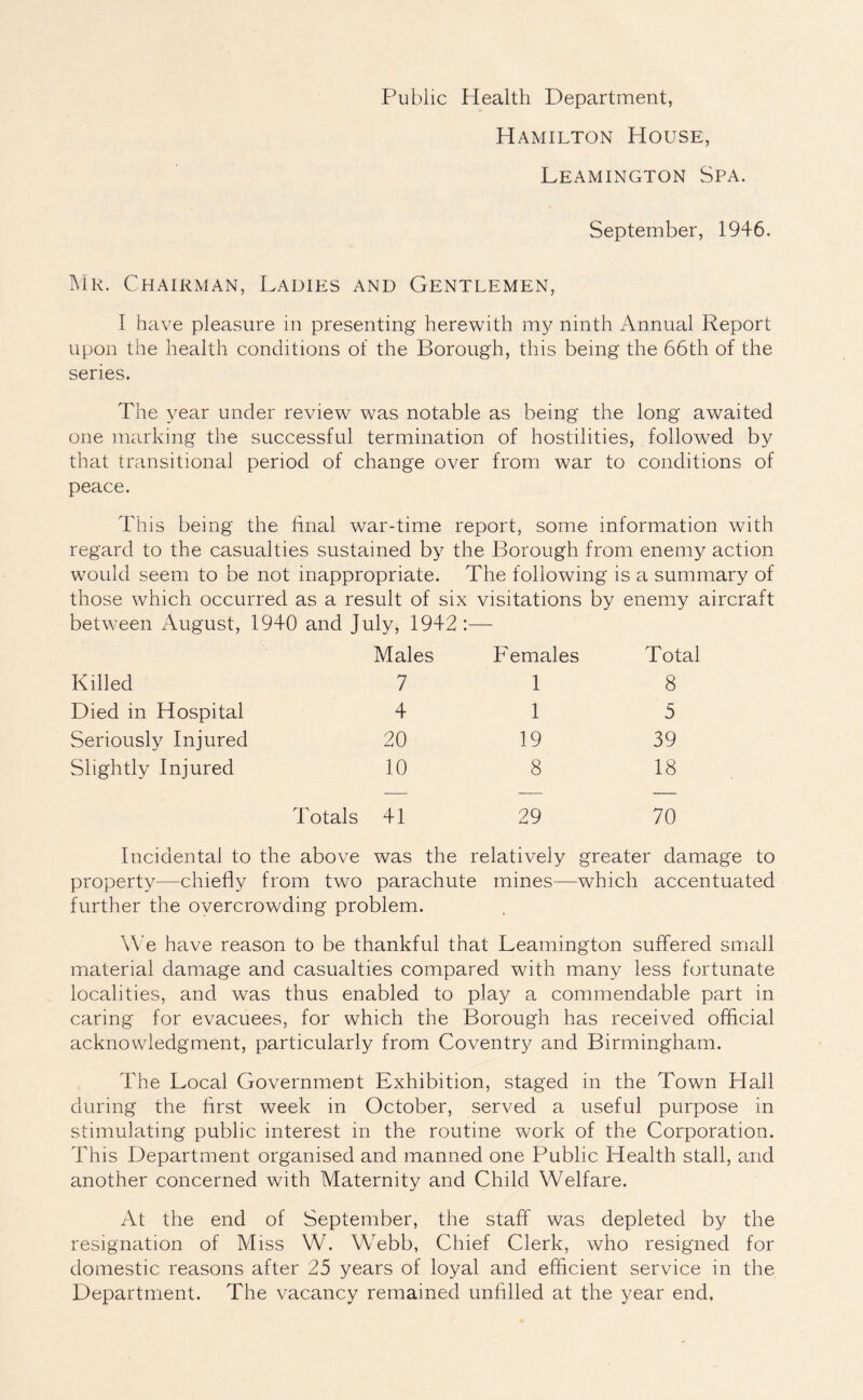 Public Health Department, Hamilton House, Leamington Spa. September, 1946. Mr. Chairman, Ladies and Gentlemen, I have pleasure in presenting herewith my ninth Annual Report upon the health conditions of the Borough, this being the 66th of the series. The year under review was notable as being the long awaited one marking the successful termination of hostilities, followed by that transitional period of change over from war to conditions of peace. This being the final war-time report, some information with regard to the casualties sustained by the Borough from enemy action would seem to be not inappropriate. The following is a summary of those which occurred as a result of six visitations by enemy aircraft between August, 1940 and July, 1942 :— Males Females Total Killed 7 1 8 Died in Hospital 4 1 5 Seriously Injured 20 19 39 Slightly Injured 10 8 18 Totals 41 29 70 Incidental to the above was the relatively greater damage to property—chiefly from two parachute mines—which accentuated further the overcrowding problem. We have reason to be thankful that Leamington suffered small material damage and casualties compared with many less fortunate localities, and was thus enabled to play a commendable part in caring for evacuees, for which the Borough has received official acknowledgment, particularly from Coventry and Birmingham. The Local Government Exhibition, staged in the Town Hall during the first week in October, served a useful purpose in stimulating public interest in the routine work of the Corporation. This Department organised and manned one Public Health stall, and another concerned with Maternity and Child Welfare. At the end of September, the staff was depleted by the resignation of Miss W. Webb, Chief Clerk, who resigned for domestic reasons after 25 years of loyal and efficient service in the Department. The vacancy remained unfilled at the year end.