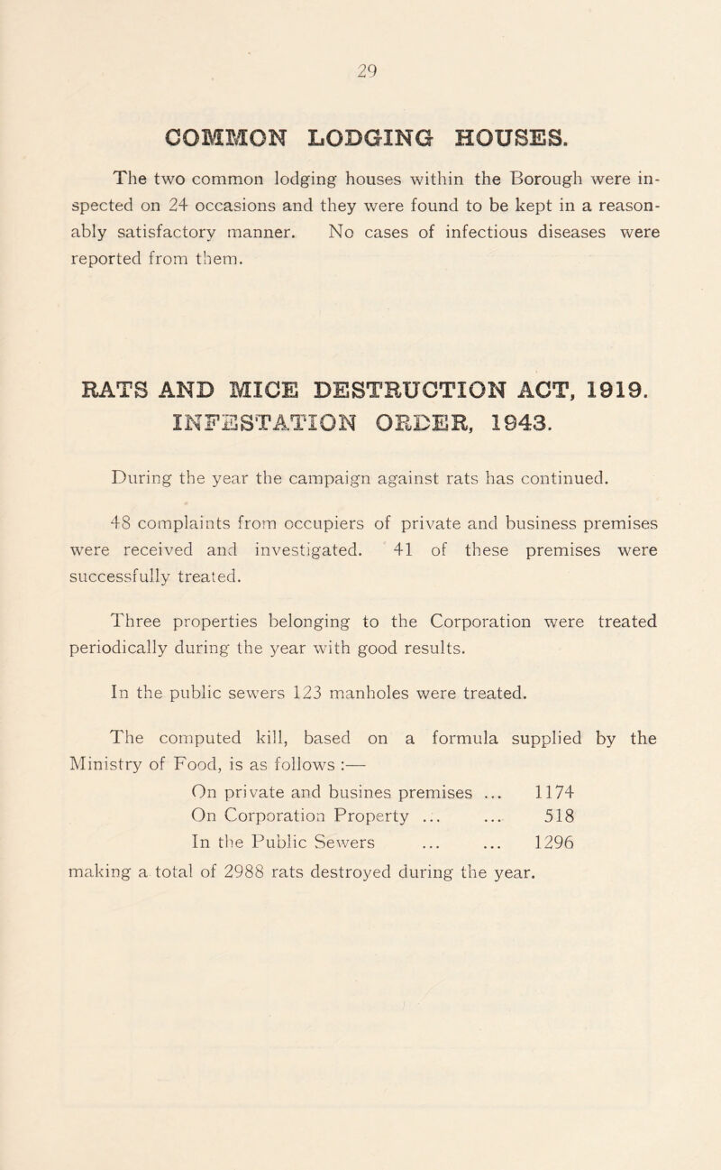 COMMON LODGING HOUSES. The two common lodging houses within the Borough were in¬ spected on 24 occasions and they were found to be kept in a reason¬ ably satisfactory manner. No cases of infectious diseases were reported from them. RATS AND MICE DESTRUCTION ACT, 1919. INFESTATION ORDER, 1943. During the year the campaign against rats has continued. 48 complaints from occupiers of private and business premises were received and investigated. 41 of these premises were successfully treated. Three properties belonging to the Corporation were treated periodically during the year with good results. In the public sewers 123 manholes were treated. The computed kill, based on a formula supplied by the Ministry of Food, is as follows On private and busines premises ... 1174 On Corporation Property ... ... 518 In the Public Sewers ... ... 1296 making a total of 2988 rats destroyed during the year.