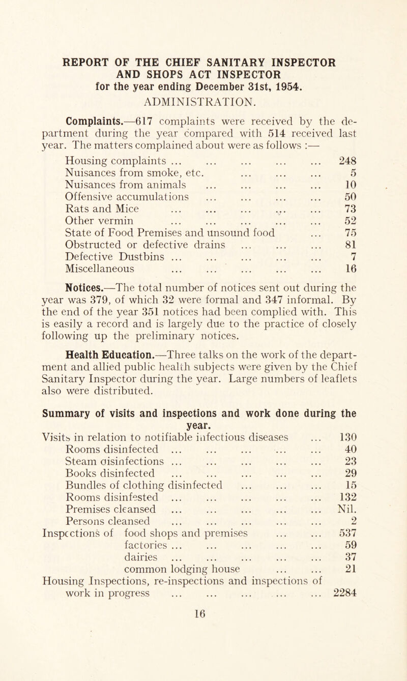 REPORT OF THE CHIEF SANITARY INSPECTOR AND SHOPS ACT INSPECTOR for the year ending December 31st, 1954. ADMINISTRATION. Complaints.—617 complaints were received by the de¬ partment during the year compared with 514 received last year. The matters complained about were as follows :— Housing complaints ... ... ... ... ... 248 Nuisances from smoke, etc. ... ... ... 5 Nuisances from animals ... ... ... ... 10 Offensive accumulations ... ... ... ... 50 Rats and Mice ... ... ... v. ... 73 Other vermin ... ... ... ... ... 52 State of Food Premises and unsound food ... 75 Obstructed or defective drains ... ... ... 81 Defective Dustbins ... ... ... ... ... 7 Miscellaneous ... ... ... ... ... 16 Notices.—The total number of notices sent out during the year was 379, of which 32 were formal and 347 informal. By the end of the year 351 notices had been complied with. This is easily a record and is largely due to the practice of closely following up the preliminary notices. Health Education.—Three talks on the work of the depart¬ ment and allied public health subjects were given by the Chief Sanitary Inspector during the year. Large numbers of leaflets also were distributed. Summary of visits and inspections and work done during the year. Visits in relation to notifiable infectious diseases ... 130 Rooms disinfected ... ... ... ... ... 40 Steam oisinfections ... ... ... ... ... 23 Books disinfected ... ... ... ... ... 29 Bundles of clothing disinfected ... ... ... 15 Rooms disinfested ... ... ... ... ... 132 Premises cleansed ... ... ... ... ... Nil. Persons cleansed ... ... ... ... ... 2 Inspections of food shops and premises ... ... 537 factories ... ... ... ... ... 59 dairies ... ... ... ... ... 37 common lodging house ... ... 21 Housing Inspections, re-inspections and inspections of work in progress ... ... ... ... ... 2284