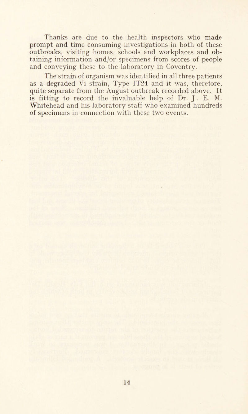 Thanks are due to the health inspectors who made prompt and time consuming investigations in both of these outbreaks, visiting homes, schools and workplaces and ob¬ taining information and/or specimens from scores of people and conveying these to the laboratory in Coventry. The strain of organism was identified in all three patients as a degraded Vi strain, Type IT24 and it was, therefore, quite separate from the August outbreak recorded above. It is fitting to record the invaluable help of Dr. J. E. M. Whitehead and his laboratory staff who examined hundreds of specimens in connection with these two events.