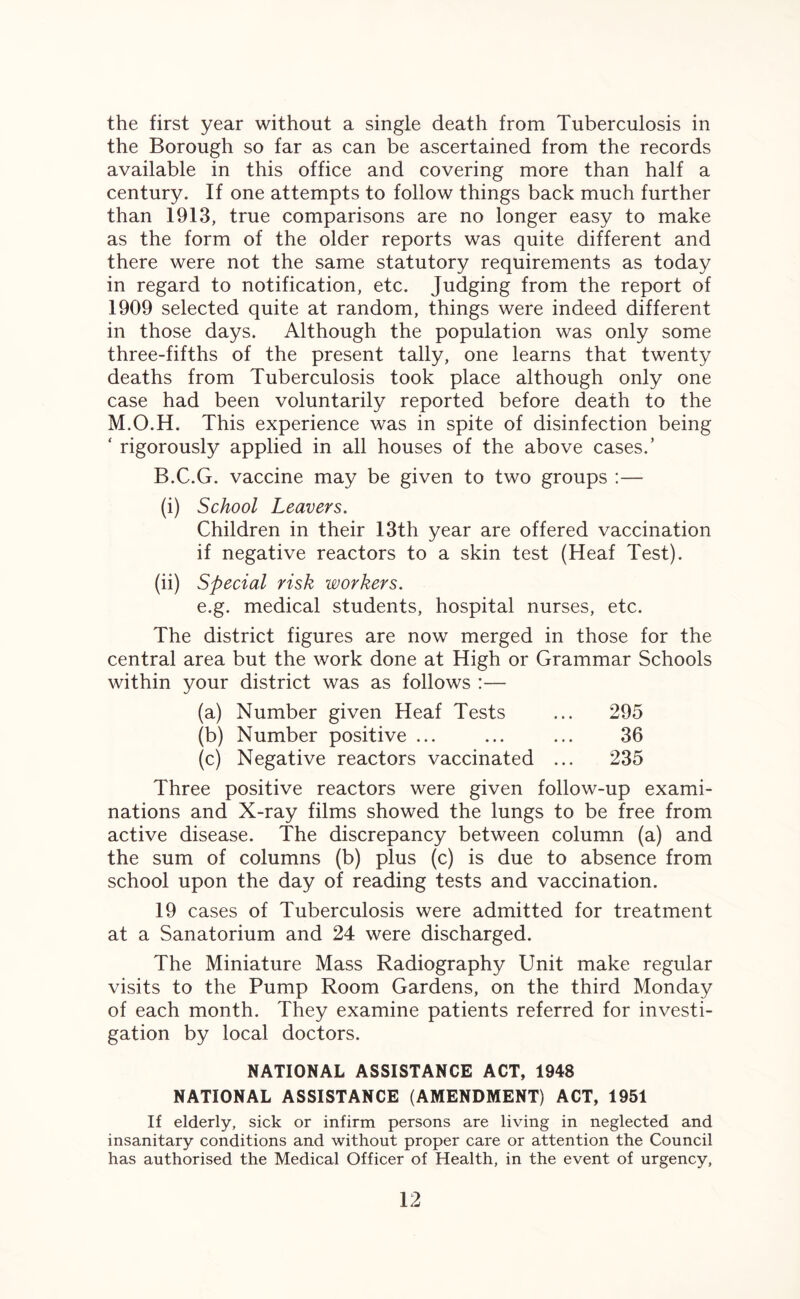 the first year without a single death from Tuberculosis in the Borough so far as can be ascertained from the records available in this office and covering more than half a century. If one attempts to follow things back much further than 1913, true comparisons are no longer easy to make as the form of the older reports was quite different and there were not the same statutory requirements as today in regard to notification, etc. Judging from the report of 1909 selected quite at random, things were indeed different in those days. Although the population was only some three-fifths of the present tally, one learns that twenty deaths from Tuberculosis took place although only one case had been voluntarily reported before death to the M.O.H. This experience was in spite of disinfection being ‘ rigorously applied in all houses of the above cases.’ B.C.G. vaccine may be given to two groups :— (i) School Leavers. Children in their 13th year are offered vaccination if negative reactors to a skin test (Heaf Test). (ii) Special risk workers. e.g. medical students, hospital nurses, etc. The district figures are now merged in those for the central area but the work done at High or Grammar Schools within your district was as follows :— (a) Number given Heaf Tests ... 295 (b) Number positive ... ... ... 36 (c) Negative reactors vaccinated ... 235 Three positive reactors were given follow-up exami¬ nations and X-ray films showed the lungs to be free from active disease. The discrepancy between column (a) and the sum of columns (b) plus (c) is due to absence from school upon the day of reading tests and vaccination. 19 cases of Tuberculosis were admitted for treatment at a Sanatorium and 24 were discharged. The Miniature Mass Radiography Unit make regular visits to the Pump Room Gardens, on the third Monday of each month. They examine patients referred for investi¬ gation by local doctors. NATIONAL ASSISTANCE ACT, 1948 NATIONAL ASSISTANCE (AMENDMENT) ACT, 1951 If elderly, sick or infirm persons are living in neglected and insanitary conditions and without proper care or attention the Council has authorised the Medical Officer of Health, in the event of urgency,
