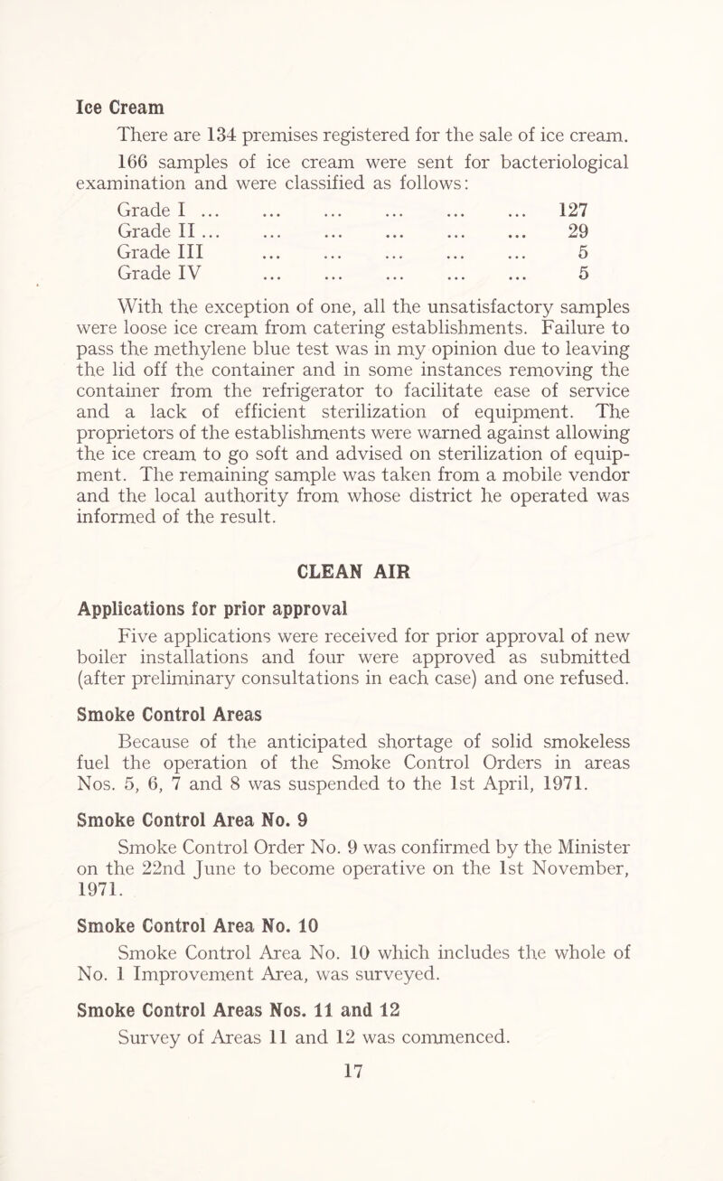 Ice Cream There are 134 premises registered for the sale of ice cream. 166 samples of ice cream were sent for bacteriological examination and were classified as follows: Grade I . Grade II . Grade III Grade IV 127 29 5 5 With the exception of one, all the unsatisfactory samples were loose ice cream from catering establishments. Failure to pass the methylene blue test was in my opinion due to leaving the lid off the container and in some instances removing the container from the refrigerator to facilitate ease of service and a lack of efficient sterilization of equipment. The proprietors of the establishments were warned against allowing the ice cream to go soft and advised on sterilization of equip¬ ment. The remaining sample was taken from a mobile vendor and the local authority from whose district he operated was informed of the result. CLEAN AIR Applications for prior approval Five applications were received for prior approval of new boiler installations and four were approved as submitted (after preliminary consultations in each case) and one refused. Smoke Control Areas Because of the anticipated shortage of solid smokeless fuel the operation of the Smoke Control Orders in areas Nos. 5, 6, 7 and 8 was suspended to the 1st April, 1971. Smoke Control Area No. 9 Smoke Control Order No. 9 was confirmed by the Minister on the 22nd June to become operative on the 1st November, 1971. Smoke Control Area No. 10 Smoke Control Area No. 10 which includes the whole of No. 1 Improvement Area, was surveyed. Smoke Control Areas Nos. 11 and 12 Survey of Areas 11 and 12 was commenced.