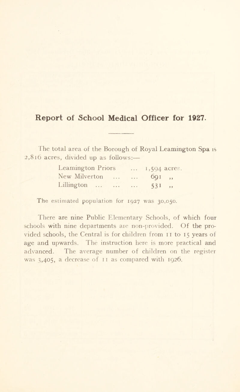 Report of School Medical Officer for 1927. The total area of the Borough of Royal Leamington Spa is 2,816 acres, divided up as follows:— Leamington Priors ... 1,594 acres. New Milverton . 691 „ Lilhngton . 531 ,, The estimated population for 1927 was 30,050. There are nine Public Elementary Schools, of which four schools with nine departments are non-provided. Of the pro¬ vided schools, the Central is for children from 11 to 15 years of age and upwards. The instruction here is more practical and advanced. The average number of children on the register was 3,405, a decrease of 11 as compared with 1926.