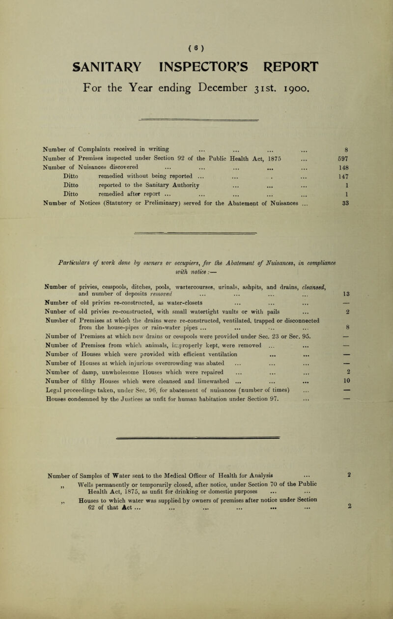 SANITARY INSPECTOR’S REPORT For the Year ending December 31st. 1900. Number of Complaints received in writing ... ... ... ... 8 Number of Premises inspected under Section 92 of the Public Health Act, 1875 ... 597 Number of Nuisances discovered ... ... ... ... ... 148 Ditto remedied without being reported ... ... . ... 147 Ditto reported to the Sanitary Authority ... ... ... 1 Ditto remedied after report ... ... ... ... ... 1 Number of Notices (Statutory or Preliminary) served for the Abatement of Nuisances ... 33 Particulars of work done by owners or occupiers, for the Abatement of Nuisances, in compliance ivith notice:— Number of privies, cesspools, ditches, pools, wartercourses, urinals, ashpits, and drains, cleansed, and number of deposits removed Number of old privies re-constructed, as water-closets Nunber of old privies re-constructed, with small watertight vaults or with pails Number of Premises at which the drains were re-constructed, ventilated, trapped or disconnected from the house-pipes or rain-water pipes ... Number of Premises at which new drains or cesspools were provided under Sec. 23 or Sec. 95. Number of Premises from which animals, improperly kept, were removed Number of Houses which were provided with efficient ventilation ... Number of Houses at which injurious overcrowding was abated Number of damp, unwholesome Houses which were repaired Number of filthy Houses which were cleansed and limewashed ... Legal proceedings taken, under Sec. 96, for abatement of nuisances (number of times) Houses condemned by the Justices as unfit for human habitation under Section 97. 13 2 8 2 10 Number of Samples of Water sent to the Medical Officer of Health for Analysis ... 2 ,, Wells permanently or temporarily closed, after notice, under Section 70 of the Public Health Act, 1875, as unfit for drinking or domestic purposes ... „ Houses to which water was supplied by owners of premises after notice under Section 62 of that Act ... ... ... ... ... ••• 2