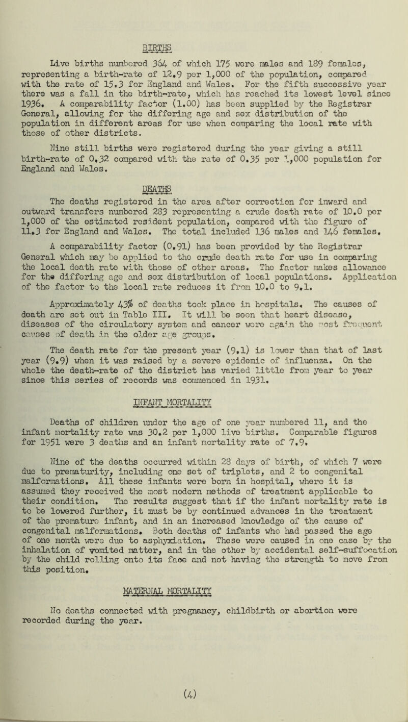 BIRTHS Live births numbered 364 of which 175 wore males and 139 females, representing a birth-rate of 12,9 per 1,000 of the population, compared with the rate of 15.3 for England and Wales. For the fifth successive year there was a fall in the birth-rate, which has reached its lowest level since 1936. A comparability factor (1.00) has been supplied by the Registrar General, allowing for the differing age and sox distribution of the population in different areas for use when comparing the local rate with those of other districts. Nine still births were registered during the year giving a still birth-rate of 0,32 compared with the rate of 0,35 per 1,000 population for England and Wales. DEATHS The deaths registered in the area after correction for inward and outward transfers numbered 233 representing a crude death rate of 10,0 per I, 000 of the estimated resident population, compared with the figure of II, 3 for England and Wales. The total included 136 males and 146 females. A comparability factor (0,91) has been provided by the Registrar General which may be applied to the crude death rate for use in comparing the local death rate with those of other areas. The factor makes allowance for th« differing age and sox distribution of local populations. Application of the factor to the local rate reduces it from 10,0 to 9.1. Approximately 43$ of deaths took place in hospitals. The causes of death are sot out in Table III. It will be soon that heart disease, diseases of the circulatory system and cancer were again the -’ost fro uent causes of death in the older are groups. The death rate for the present year (9.1) is lower than that of last year (9*9) when it was raised by a severe epidemic of influenza. On the whole the death-rate of the district has varied little from year to year since this series of records was commenced in 1931. INFANT MORTALITY Deaths of children under the age of one year numbered 11, and the infant mortality rate was 30,2 per 1,000 live births. Comparable figures for 1951 were 3 deaths and an infant mortality rate of 7.9. Nine of the deaths occurred within 23 days of birth, of which 7 were due to prematurity, including one set of triplets, and 2 to congenital malformations. All these infants wore born in hospital, where it is assumed they received the most modern methods of treatment applicable to their condition. The results suggest that if the infant mortality rate is to be lowered further, it must be by continued advances in the treatment of the premature infant, and in an increased knowledge of the cause of congenital malformations. Both deaths of infants who had passed the age of one month were due to asphyxiation. These were caused in one case by the inhalation of vomited matter, and in the other by accidental self-suffocation by the child rolling onto its face and not having the strength to move from this position, MATERNAL MORTALITY No deaths connected with pregnancy, childbirth or abortion were recorded during the year. (4)