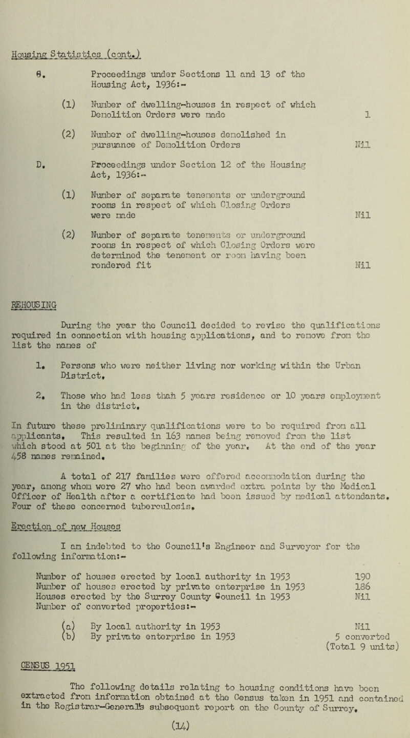 Housing -Statistics, _(cpnt_,J. 0. Proceedings under Sections 11 and 13 of the Housing Act, 1936:- (l) Nunber of dwelling-houses in respect of which Demolition Orders were made (2) Number of dwelling-houses demolished in pursuance of Demolition Orders D. Proceedings undor Section 12 of the Housing Act, 1936:- (1) Number of separate tenements or underground rooms in respect of which Closing Orders were made (2) Number of separate tenements or underground rooms in respect of which Closing Orders were determined the tenement or room having been rendered fit 1 Nil Nil Nil REHOUSING During the year the Council decided to revise the qualifications required in connection with housing applications, and to remove from the list the names of 1* Persons who were neither living nor working within the Urban District, 2, Those who had less thah 5 years residence or 10 years employment in the district. In future these preliminary qualifications were to be required from all applicants. This resulted in 163 names being removed from the list which stood at 501 at the beginning of the year. At the end of the year 458 names remained, A total of 217 families were offered accomodation during the year, among whom wore 27 who had been awarded extra points by the Medical Officer of Health after a certificate had boon issued by medical attendants. Four of these concerned tuberculosis. Erection of new Houses I am indebted to the Council^ Engineer and Surveyor for the following information:- Number of houses erected by local authority in 1953 190 Nunber of houses erected by private enterprise in 1953 186 Houses erected by the Surrey County Council in 1953 Nil Number of converted properties:- (a) By local authority in 1953 Nil (b) By private enterprise in 1953 5 converted (Total 9 units) CENSUS 1951 The following details relating to housing conditions have been extracted from information obtained at the Census taken in 1951 and contained in the Regis trar-General'3 subsequent report on the County of Surrey,