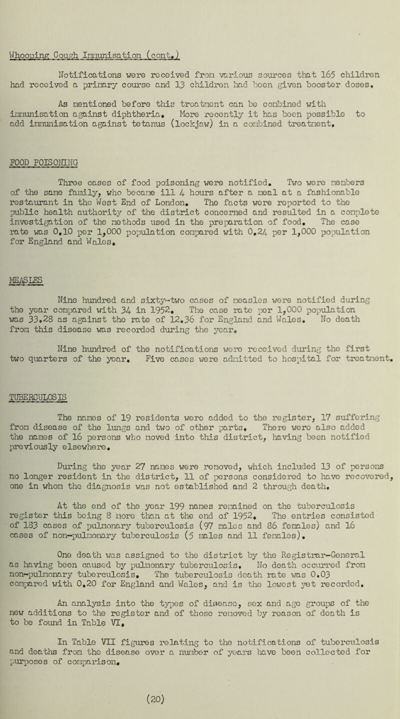 Whooping Goughimmunisation (cent.) Notifications were received from various sources that 165 children had received a primary course and 13 children had boon given booster doses. As mentioned before this treatment can be combined with immunisation against diphtheria. More recently it has been possible to add immunisation against tetanus (lockjaw) in a combined treatment. FOOD POISONING Three cases of food poisoning were notified. Two were members of the same family, who became ill 4 hours after a meal at a fashionable restaurant in the West End of London, The facts were reported to the public health authority of the district concerned and resulted in a complete investigation of the methods used in the preparation of food. The case rate was 0,10 per 1,000 population compared with 0,24 per 1,000 population for England and Wales, MEASLES Nino hundred and sixty-two cases of measles were notified during the year compared with 34 in 1952, The case rate per 1,000 population was 33*28 as against the rate of 12,36 for England and Wales. No death from this disease was recorded during the year. Nine hundred of the notifications were received during the first two quarters of the year. Five cases were admitted to hospital for treatment. TUBERCULOSIS The names of 19 residents were added to the register, 17 suffering from disease of the lungs and two of other parts. There were also added the names of 16 persons who moved into this district, having been notified previously elsewhere. During the year 27 names were removed, which included 13 of persons no longer resident in the district, 11 of persons considered to have recovered, one in whom the diagnosis was not established and 2 through death. At the end of the year 199 names remained on the tuberculosis register this being 8 more than at the end of 1952, The entries consisted of 183 cases of pulmonary tuberculosis (97 males and 86 females) and 16 cases of non-pulmonary tuberculosis (5 males and 11 females). One death was assigned to the district by the Registrar-General as having been caused by pulmonary tuberculosis. No death occurred from non-pulmonary tuberculosis. The tuberculosis death rate was 0.03 compared with 0,20 for England and Wales, and is the lowest yet recorded. An analysis into the types of disease, sex and ago groups of the new additions to the register and of those removed by reason of death is to be found in Table VI, In Table VII figures relating to the notifications of tuberculosis and deaths from the disease over a number of years have been collected for purposes of comparison. (20)