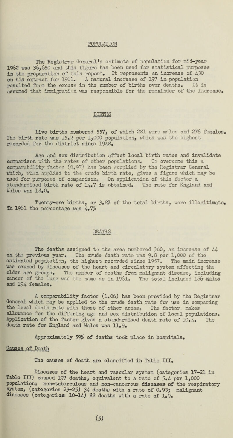 POPULATION The Registrar General’s estimate of population for mid-year 1962 was 36,650 and this figure has been used for statistical purposes in the preparation of this report* It represents an increase of 430 on his extract for 1961. A natural increase of 197 in population resulted from the excess in the number of births over deaths* It is assumed that immigration was responsible for the remainder of the increase* BIRTHS Live births numbered 557, of which 2S1 were males and 276 females. The birth rate was 15*2 per 1,000 population, which was the highest recorded for the district since 1948* Age and sex distribution affect local birth rates and invalidate comparison with the rates of other populations* To overcome this a comparability factor (0,97) has been supplied by the Registrar General which, when applied to the crude birth rate, gives a figure which may be used for purposes of comparison* On application of this factor a standardised birth rate of 14*7 is obtained. The rate for England and Wales was 18*0, Twenty-one births, or 3*8$ of the total births, were illegitimate* 3h 1961 the percentage was 4*7$ DEATHS The deaths assigned to the area numbered 360, an increase of 44 on the previous year. The crude death rate was 9,8 per 1,000 of the estimated poputation, the highest recorded since 1957. The main increase was caused by diseases of the heart and circulatory system affecting the cider age groups* The number of deaths from malignant disease, including cancer of the lung was the same as in 1961. The total included 166 males and 194 females, A comparability factor (1.06) has been provided by the Registrar General which may be applied to the crude death rate for use in comparing the local death rate with those of other areas* The factor makes allowance for the differing age and sex distribution of local populations. Application of the factor gives a standardised death rate of 10,4* Tho death rate for England and Wales was 11*9* Approximately 59$ of deaths took place in hospitals* Causes of Death The causes of death are classified in Table III, Diseases of the heart and vascular system (categories 17-21 in Table III) caused 197 deaths, equivalent to a rate of 5*4 per 1,000 population; non-tuberculous and nonr-cancerous diseases of the respiratory system, (categories 23-25) 34 deaths with a rate of 0,93; malignant diseases (categories 10-14) 88 deaths with a rate of 1,9, (5)