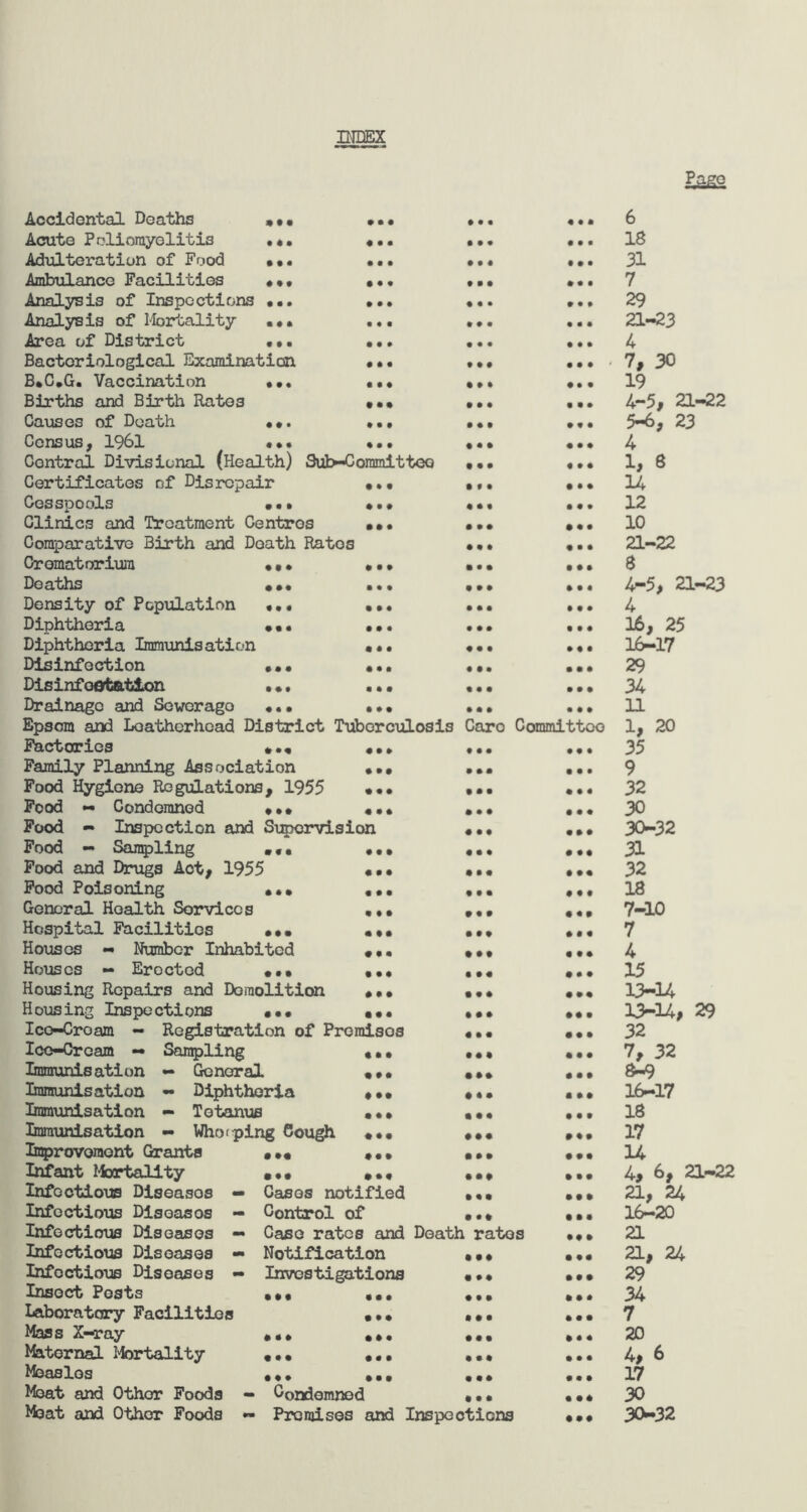 INDEX Page Accidental Deaths «•• • • • ft • • ft • ft 6 Acute Poliomyelitis .«• ft ft ft ft ft ft ft • • 18 Adulteration of Food ... ft • • ft ft ft ft ft • 31 Ambulance Facilities . . • ft ft ft ft ft • 7 Analysis of Inspections • ft ft ft • • ft ft ft 29 Analysis of Mortality ... • • • ft ft • ft • ft 21-23 Area of District ... ft ft ft • • • ft ft ft 4 Bacteriological Examination • * ft ft ft ft 7, 30 B.C.G, Vaccination ... • •• ft ft ft ft ft • 19 Births and Birth Rates ft • ft ft ft ft t ft ft 4-5, 21-22 Causes of Death ... ft • f ft ft ft ft ft ft 5-6, 23 Census, 1961 ... ft ft ft ft • ft ft • ft 4 Central Divisional (Health) Sub-Coramitteo ft • • ft • • 1, 8 Certificates of Disrepair ft f • ft • ft 14 Cesspools ... ft • # ft ft ft ft ft ft 12 Clinics and Treatment Centres ft ft ft ft ft ft ft ft • 10 Comparative Birth and Death Ratos ft ft ft ft • • 21-22 Crematorium ... ft • ft ft • ft ft ft ft 8 Deaths ... ft • • ft • • ft ft ft 4-5, 21-23 Density of Population ... ft ft ft ft ft • ft ft • 4 Diphtheria «•. ft ft • • ft • ft ft ft 16, 25 Diphtheria Immunisation ft ft • ft • • ft ft • 16-17 Disinfection ... ft ft ft ft ft ft ft ft ft 29 Disinfestation •.. ft ft ft ft ft ft ft ft ft 34 Drainage and Seworago ... ft ft ft ft ft ft ft ft ft 11 Epsom and Leatherhoad District Tuberculosis Caro Committee 1, 20 Factories ... ft ft ft ft ft • ft ft • 35 Family Planning Association ft • ft ft ft ft ft ft • 9 Food Hygiene Regulations, 1955 ft • ft ft ft • ft ft ft 32 Food - Condemned ... ft ft ft ft ft • ft ft ft 30 Food - Inspection and Supervision ft ft ft ft ft ft 30-32 Food - Sampling • • • ft • ft ft • ft ft ft ft 31 Food and Drugs Act, 1955 ft ft ft • • ft ft ft ft 32 Food Poisoning ... ft • • ft • ft ft ft ft 18 General Health Services ft ft ft ft • • ft ft ft 7-10 Hospital Facilities ••• ft ft ft ft ft ft ft ft ft 7 Houses — Humber Inhabited ft ft • ft ft ft ft • ft 4 Houses - Erocted ••• ft • ft ft ft ft ft • • 15 Housing Repairs and Demolition ft ft ft ft ft ft ft ft ft 13-14 Housing Inspections ••• ft ft • ft • ft ft ft ft 13-14, 29 Ice-Cream - Registration of Preraisos ft ft ft ft ft ft 32 Ice-Cream — Sampling « • • ft ft ft ft ft ft 7, 32 Immunisation - General • •• • ft# ft • ft 8-9 Immunisation - Diphtheria ft ft • ft ft ft 16-17 Immunisation - Tetanus • • • ft ft ft ft • • 18 Immunisation — Who t ping Cough • • • • ft ft ft ft ft 17 Improvement Grants . •« • •• ft ft ft ft ft ft 14 Infant Mortality ... ft ftft ft ft ft 4, 6, 21—22 Infectious Diseasos — Cases notified ft ft ft ft ft ft 21, 24 Infectious Diseasos - Control of ft • ft ft ft ft 16-20 Infectious Diseases — Case rates and Death rates • ft ft 21 Infectious Diseases - Notification ft • ft ft ft ft 21, 24 Infectious Diseases - Investigations ft ft ft ft ft 29 Insect Pests ••• ft ft ft ft ft ft ft ft • 34 Laboratory Facilities ft • ft ft ft • ft ft ft 7 Mass X-ray ... ft ft ft ft ft ft ft ft ft 20 Maternal Mortality «•• ft ft ft ft • ft ft • • 4, 6 Measles ... ft • ft ft ft ft ft ft ft 17 Moat and Other Foods - Condemned ft • ft ft ft ft 30 Meat and Other Foods — Premises and Inspections • ft# 30-32