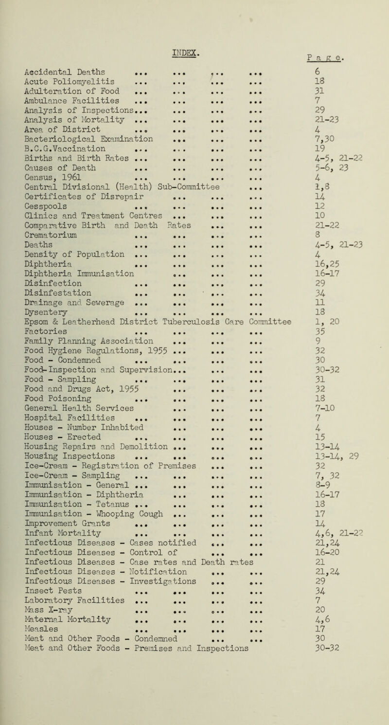 INDEX Pa g e. Accidental Deaths ... • • • • • • 6 Acute Poliomyelitis 0 0 0 • • • ia Adulteration of Food ... 0 0 0 000 31 Ambulance Facilities ... • • • 0 0 0 0 0 0 7 Analysis of Inspections... • • • 0 0 0 0 0 0 29 Analysis of Mortality ... • • • 0 0 0 0 0 0 21-23 Area of District .. „ • • o 0 • • 0 0 0 4 Bacteriological Examination • 0 • • • • 0 0 0 7,30 B.G.G.Vaccination ... • o • • • • 0 0 0 19 Births and Birth Rates ... • • • 0 0 0 0 0 0 4-5, 21-22 Causes of Death • • • 0 0 0 0 0 0 5-6, 23 Census, 1961 ... 0 0 0 0 0 0 4 Central Divisional (Health) Sub-Committee 0 0 0 1,8 Certificates of Disrepair a • • 0 0 0 0 0 0 14 Cesspools ... • • • 0 0 0 0 0 0 12 Clinics and Treatment Centres • • • 0 0 0 0 0 0 10 Comparative Birth and Death Rates 0 0 0 0 0 0 21-22 Crematorium ... • • • 0 0 0 0 0 0 a Deaths ... • • • 0 0 0 0 0 0 4-5, 21-23 Density of Population ... • • • 0 0 0 0 0 0 4 Diphtheria •.. • • • 0 0 0 0 0 0 16,25 Diphtheria Immunisation o • • 0 0 0 0 0 0 16-17 Disinfection ... • • • 0 0 0 0 0 0 29 Disinfestation ... • • • 0 0 0 0 0 0 34 Drainage and Sewerage ... • • • 0 0 0 0 0 0 11 Dysentery • • • 0 0 0 0 0 0 18 Epsom & Leatherhead District Tuberculosis Care Committee 1, 20 Factories • • • 0 0 0 • • « 35 Family Planning Association • • • 0 0 0 000 9 Food Hygiene Regulations, 1955 • • • 0 0 0 0 0 0 32 Food - Condemned • • • 0 0 0 0 0 0 30 Food-Inspection and Supervision... 0 0 0 0 0 0 30-32 Food - Sampling ... • • • 0 0 0 0 0 0 31 Food and Drugs Act, 1955 • • • 0 0 0 0 0 0 32 Food Poisoning ... • • • 0 0 0 0 0 0 18 General Health Services • • • 0 0 0 0 0 0 7-10 Hospital Facilities ... • • • 0 0 0 0 0 0 7 Houses - Number Inhabited • • • 0 0 0 0 0 0 4 Houses - Erected ... • • • 0 0 0 0 0 0 15 Housing Repairs and Demolition a m 0 0 0 0 0 0 0 13-14 Housing Inspections •.. 0 0 0 O 0 0 0 0 0 13-14, 29 Ice-Cream - Registration of Premises 0 0 0 0 0 0 32 Ice-Cream - Sampling ... 0 0 0 0 0 0 0 0 0 7, 32 Immunisation - General ... 0 0 0 0 0 0 0 0 0 8-9 Immunisation - Diphtheria 0 0 0 0 0 0 0 0 0 16-17 Immunisation - Tetanus •.• 0 0 0 0 0 0 0 0 0 18 Immunisation - Whooping Cough 0 0 0 0 0 0 0 0 0 17 Improvement Grants •.• 0 0 0 0 0 0 0 0 0 14 Infant Mortality ,.. 0 0 0 0 0 0 0 0 0 4,6, 21-22 Infectious Diseases - Cases notified €00 0 0 0 21,24 Infectious Diseases - Control Of 0 0 0 0 0 0 16-20 Infectious Diseases - Case rates and Death rates 21 Infectious Diseases - Notification o • • 0 0 0 21,24 Infectious Diseases - Investigations 0 0 0 0 0 0 29 Insect Pests • • • 0 0 0 0 0 0 34 Laboratory Facilities ... 0 0 0 0 0 0 0 0 0 7 Mass X-ray ... • • « O • 0 0 0 0 20 Maternal Mortality ... 0 0 0 0 0 0 4,6 Measles .., 0 0 0 0 0 0 0 0 0 17 Meat and Other Foods - Condemned 0 0 0 0 0 0 30 Meat and Other Foods - Premises and Inspections 30-32