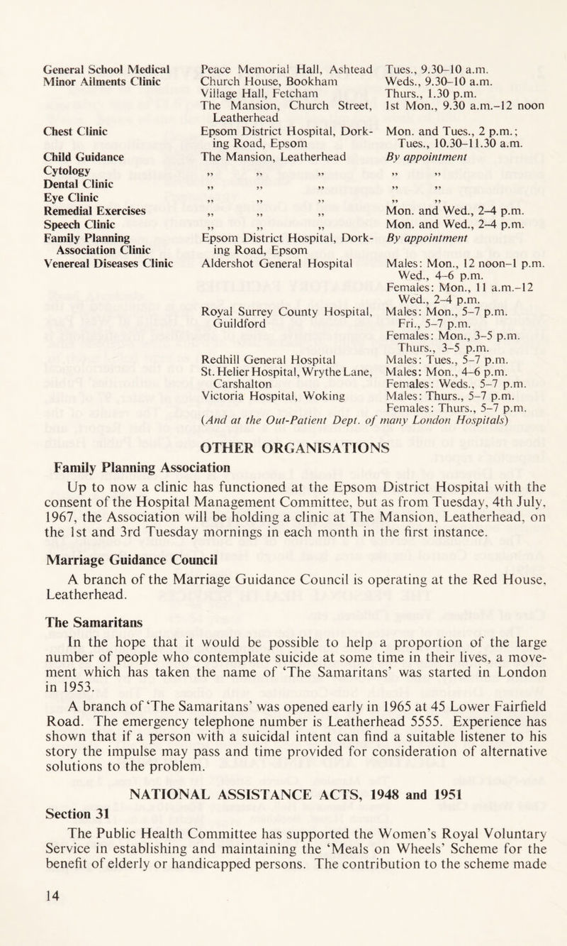 General School Medical Minor Ailments Clinic Chest Clinic Child Guidance Cytology Dental Clinic Eye Clinic Remedial Exercises Speech Clinic Family Planning Association Clinic Venereal Diseases Clinic Peace Memorial Hall, Ashtead Church House, Bookham Village Hall, Fetcham The Mansion, Church Street, Leatherhead Epsom District Hospital, Dork¬ ing Road, Epsom The Mansion, Leatherhead 99 99 99 99 99 99 99 99 99 99 99 99 99 99 99 Epsom District Hospital, Dork¬ ing Road, Epsom Aldershot General Hospital Royal Surrey County Hospital, Guildford Redhill General Hospital St. Helier Hospital, Wrythe Lane, Carshalton Victoria Hospital, Woking (And at the Out-Patient Dept, oj Tues., 9.30-10 a.m. Weds., 9.30-10 a.m. Thurs., 1.30 p.m. 1st Mon., 9.30 a.m.-12 noon Mon. and Tues., 2 p.m.; Tues., 10.30-11.30 a.m. By appointment 99 99 99 99 9 9 9 9 Mon. and Wed., 2-4 p.m. Mon. and Wed., 2-4 p.m. By appointment Males: Mon., 12 noon-1 p.m. Wed., 4-6 p.m. Females: Mon., 11 a.m.-12 Wed., 2-4 p.m. Males: Mon., 5-7 p.m. Fri., 5-7 p.m. Females: Mon., 3-5 p.m. Thurs., 3-5 p.m. Males: Tues., 5-7 p.m. Males: Mon., 4-6 p.m. Females: Weds., 5-7 p.m. Males: Thurs., 5-7 p.m. Females: Thurs., 5-7 p.m. many London Hospitals) OTHER ORGANISATIONS Family Planning Association Up to now a clinic has functioned at the Epsom District Flospital with the consent of the Hospital Management Committee, but as from Tuesday, 4th July, 1967, the Association will be holding a clinic at The Mansion, Leatherhead, on the 1st and 3rd Tuesday mornings in each month in the first instance. Marriage Guidance Council A branch of the Marriage Guidance Council is operating at the Red House, Leatherhead. The Samaritans In the hope that it would be possible to help a proportion of the large number of people who contemplate suicide at some time in their lives, a move¬ ment which has taken the name of ‘The Samaritans' was started in London in 1953. A branch of‘The Samaritans’ was opened early in 1965 at 45 Lower Fairfield Road. The emergency telephone number is Leatherhead 5555. Experience has shown that if a person with a suicidal intent can find a suitable listener to his story the impulse may pass and time provided for consideration of alternative solutions to the problem. NATIONAL ASSISTANCE ACTS, 1948 and 1951 Section 31 The Public Health Committee has supported the Women’s Royal Voluntary Service in establishing and maintaining the ‘Meals on Wheels’ Scheme for the benefit of elderly or handicapped persons. The contribution to the scheme made