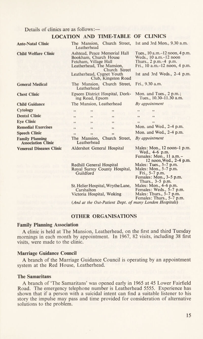 Details of clinics are as follows:— LOCATION AND TIME-TABLE OF CLINICS Ante-Natal Clinic Child Welfare Clinic General Medical Chest Clinic Child Guidance The Mansion, Church Street, Leatherhead Ashtead, Peace Memorial Hall Bookham, Church House Fetcham, Village Hall Leatherhead, The Mansion, Church Street Leatherhead, Cygnet Youth Club, Kingston Road The Mansion, Church Street, Leatherhead Epsom District Hospital, Dork¬ ing Road, Epsom The Mansion, Leatherhead 1st and 3rd Mon., 9.30 a.m. Tues., 10 a.m.-12 noon, 4 p.m. Weds., 10 a.m.-12 noon Thurs., 2 p.m.-4 p.m. Fri., 10 a.m.-12 noon, 4 p.m. 1st and 3rd Weds., 2-4 p.m. Fri., 9.30 a.m. Mon. and Tues., 2 p.m.; Tues., 10.30-11.30 a.m. By appointment Cytology Dental Clinic Eye Clinic Remedial Exercises Speech Clinic Family Planning Association Clinic Venereal Diseases Clinic 99 99 99 99 99 99 99 99 99 The Mansion, Church Street, Leatherhead Aldershot General Hospital Redhill General Hospital Royal Surrey County Hospital, Guildford St. Helier Hospital, Wry the Lane, Carshalton Victoria Hospital, Woking (And at the Out-Patient Dept, of 99 99 Mon. and Wed., 2-4 p.m. Mon. and Wed., 2-4 p.m. By appointment Males: Mon., 12 noon-1 p.m. Wed., 4-6 p.m. Females: Mon., 11 a.m.- 12 noon,Wed., 2-4 p.m. Males: Tues., 5-7 p.m. Males: Mon., 5-7 p.m. Fri., 5-7 p.m. Females: Mon., 3-5 p.m. Thurs., 3-5 p.m. Males: Mon., 4-6 p.m. Females: Weds., 5-7 p.m. Males: Thurs., 5-7 p.m. Females: Thurs., 5-7 p.m. many London Hospitals) OTHER ORGANISATIONS Family Planning Association A clinic is held at The Mansion, Leatherhead, on the first and third Tuesday mornings in each month by appointment. In 1967, 82 visits, including 38 first visits, were made to the clinic. Marriage Guidance Council A branch of the Marriage Guidance Council is operating by an appointment system at the Red House, Leatherhead. The Samaritans A branch of The Samaritans’ was opened early in 1965 at 45 Lower Fairfield Road. The emergency telephone number is Leatherhead 5555. Experience has shown that if a person with a suicidal intent can find a suitable listener to his story the impulse may pass and time provided for consideration of alternative solutions to the problem.