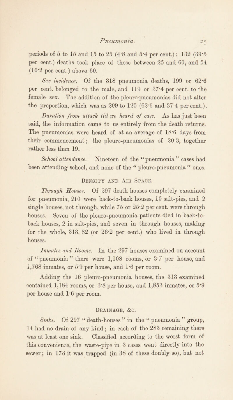 periods of 5 to 15 and 15 to 25 (4*8 and 5*4 per cent.) ; 132 (39*5 per cent.) deaths took place of those between 25 and 60, and 54 (16-2 per cent.) above 60. Sex incidence. Of the 318 pneumonia deaths, 199 or 62*6 per cent, belonged to the male, and 119 or 37*4 per cent, to the female sex. The addition of the pleuro-pneumonias did not alter the proportion, which was as 209 to 125 (62*6 and 37*4 percent.). Duration from attack till we heard of case. As has just been said, the information came to us entirely from the death returns. The pneumonias were heard of at an average of 18*6 days from their commencement; the pleuro-pneumonias of 20*3, together rather less than 19. School attendance. Nineteen of the “ pneumonia ?? cases had been attending school, and none of the “ pleuro-pneumonia ” ones. Density and Air Space. Through Houses. Of 297 death houses completely examined for pneumonia, 210 were back-to-back houses, 10 salt-pies, and 2 single houses, not through, while 75 or 25*2 per cent, were through houses. Seven of the pleuro-pneumonia patients died in back-to- back houses, 2 in salt-pies, and seven in through houses, making for the whole, 313, 82 (or 26*2 per cent.) who lived in through houses. Inmates and Rooms. In the 297 houses examined on account of “ pneumonia5’ there were 1,108 rooms, or 3*7 per house, and 1,768 inmates, or 5*9 per house, and 1*6 per room. Adding the 16 pleuro-pneumonia houses, the 313 examined contained 1,184 rooms, or 3*8 per house, and 1,853 inmates, or 5*9 per house and 1*6 per room. Drainage, &c. Sinks. Of 297 “ death-houses ” in the “ pneumonia ” group, 14 had no drain of any kind ; in each of the 283 remaining there was at least one sink. Classified according to the worst form of this convenience, the waste-pipe in 3 cases went directly into the