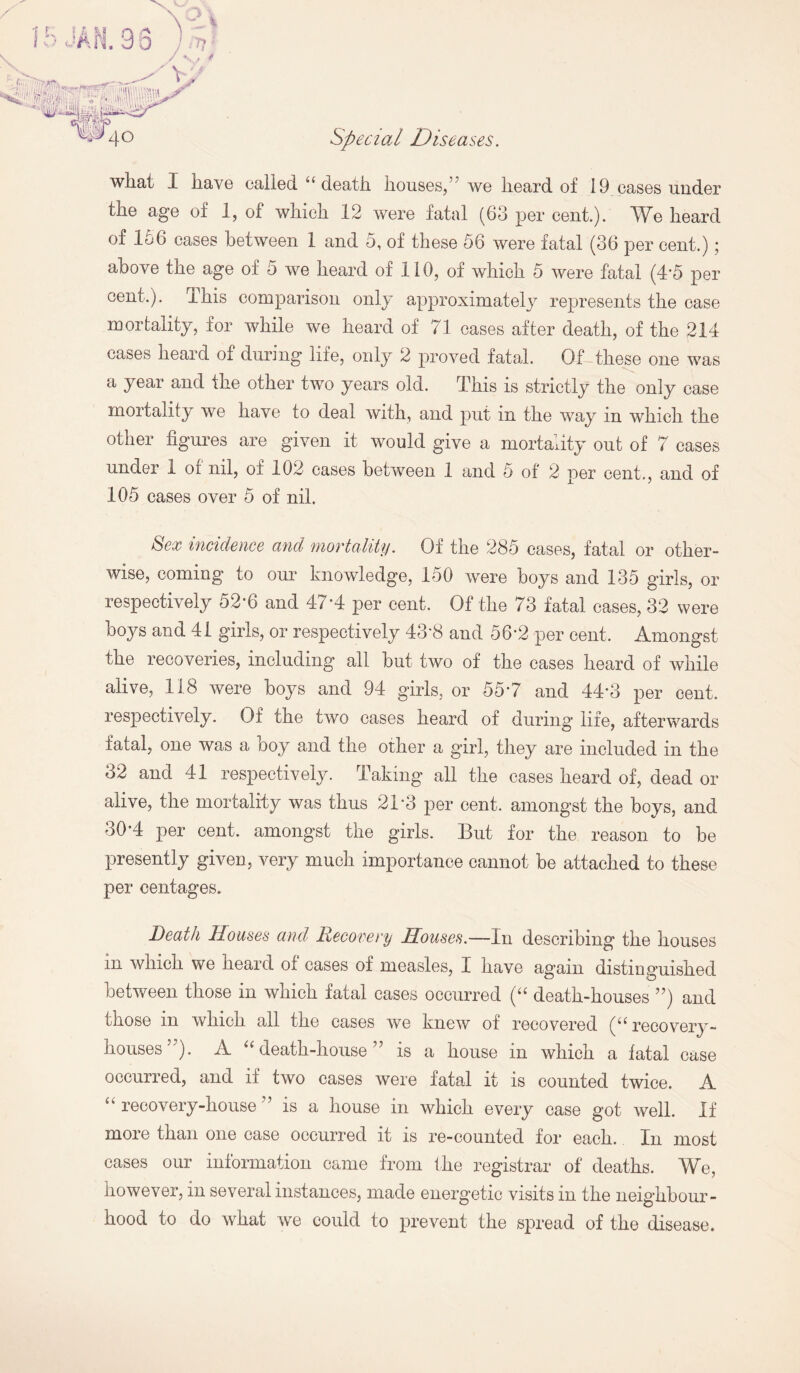 what I have called u death houses,’ we heard of 19 cases under the age of 1, of which 12 were fatal (63 per cent.). We heard of lo6 cases between 1 and 5, of these 56 were fatal (36 per cent.); above the age of 5 we heard of 110, of which 5 were fatal (4’5 per cent.). This comparison only approximately represents the case mortality, for while we heard of 71 cases after death, of the 214 cases heard of during life, only 2 proved fatal. Of these one was a year and the other two years old. This is strictly the only case mortality we have to deal with, and put in the way in which the other figures are given it would give a mortality out of 7 cases uncier 1 of nil, of 102 cases between 1 and 5 of 2 per cent., and of 105 cases over 5 of nil. Sex incidence and mortality. Of the 285 cases, fatal or other¬ wise, coming to our knowledge, 150 were boys and 135 girls, or respectively 52’6 and 47*4 per cent. Of the 73 fatal cases, 32 were boys and 41 girls, or respectively 43*8 and 56*2 per cent. Amongst the recoveries, including all but two of the cases heard of while alive, 118 were boys and 94 girls, or 55*7 and 44*3 per cent, respectively. Of the two cases heard of during life, afterwards fatal, one was a boy and the other a girl, they are included in the 32 and 41 respectively. Taking all the cases heard of, dead or alive, the mortality was thus 2T3 per cent, amongst the boys, and 30-4 per cent, amongst the girls. But for the reason to be presently given, very much importance cannot be attached to these per centages. Death Houses and Recovery Houses.—In describing the houses m which we heard of cases of measles, X have again distinguished between those in which fatal eases occurred (“ death-houses ”) and those in which all the cases we knew of recovered (“ recovery- houses”). A “ death-house ” is a house in which a fatal case occurred, and if two cases were fatal it is counted twice. A u recovery-house ’ is a house in which every case got well. If more than one case occurred it is re-counted for each. In most cases our information came from the registrar of deaths. We, however, in several instances, made energetic visits in the neighbour¬ hood to do what we could to prevent the spread of the disease.