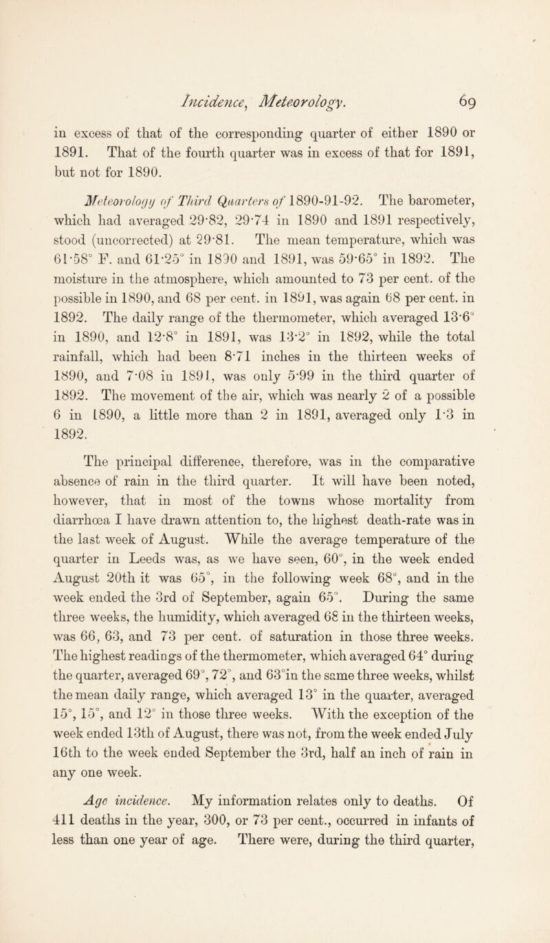 6q Incidence, Meteorology. in excess of that of the corresponding quarter of either 1890 or 1891. That of the fourth quarter was in excess of that for 1891, but not for 1890. Meteorology of Third Quarters of 1890-91-92. The barometer, which had averaged 29*82, 29*74 in 1890 and 1891 respectively, stood (uncorrected) at 29*81. The mean temperature, which was 61*58° F. and 61*25° in 1890 and 1891, was 59*65° in 1892. The moisture in the atmosphere, which amounted to 73 per cent, of the possible in 1890, and 68 per cent, in 1891, was again 68 per cent, in 1892. The daily range of the thermometer, which averaged 13*6° in 1890, and 12*8° in 1891, was 13*2° in 1892, while the total rainfall, which had been 8*71 inches in the thirteen weeks of 1890, and 7*08 in 1891, was only 5*99 in the third quarter of 1892. The movement of the air, which was nearly 2 of a possible 6 in L890, a little more than 2 in 1891, averaged only 1*3 in 1892. The principal difference, therefore, was in the comparative absence of rain in the third quarter. It will have been noted, however, that in most of the towns whose mortality from diarrhoea I have drawn attention to, the highest death-rate was in the last week of August. While the average temperature of the quarter in Leeds was, as we have seen, 60°, in the week ended August 20th it was 65°, in the following week 68°, and in the week ended the 3rd of September, again 65°. During the same three weeks, the humidity, which averaged 68 in the thirteen weeks, was 66, 63, and 73 per cent, of saturation in those three weeks. The highest readings of the thermometer, which averaged 64° during the quarter, averaged 69°, 72°, and 63°in the same three weeks, whilst the mean daily range, which averaged 13° in the quarter, averaged 15°, 15°, and 12° in those three weeks. With the exception of the week ended 13th of August, there was not, from the week ended July 16th to the week ended September the 3rd, half an inch of rain in any one week. Age incidence. My information relates only to deaths. Of 411 deaths in the year, 300, or 73 per cent., occurred in infants of less than one year of age. There were, during the third quarter,