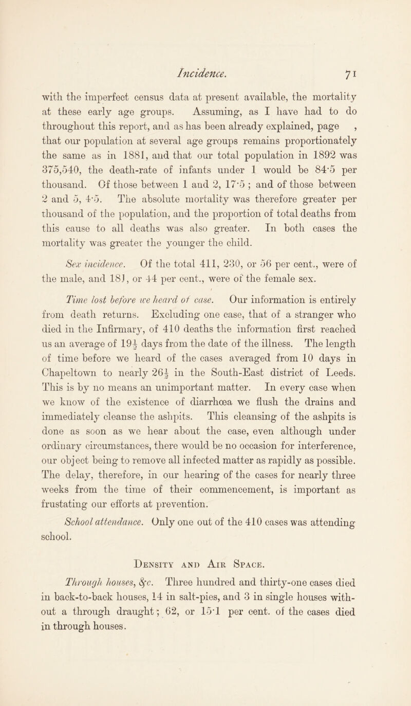 with the imperfect census data at present available, the mortality at these early age groups. Assuming, as I have had to do throughout this report, and as has been already explained, page , that our population at several age groups remains proportionately the same as in 1881, and that our total population in 1892 was 375,540, the death-rate of infants under 1 would be 84*5 per thousand. Of those between 1 and 2, 17*5 ; and of those between 2 and 5, 4*5. The absolute mortality was therefore greater per thousand of the population, and the proportion of total deaths from this cause to all deaths was also greater. In both cases the mortality was greater the younger the child. Sex incidence. Of the total 411, 230, or 56 per cent., were of the male, and 181, or 44 per cent., were of the female sex. / Time lost before ice heard of case. Our information is entirely from death returns. Excluding one case, that of a stranger who died in the Infirmary, of 410 deaths the information first reached us an average of 19 J days from the date of the illness. The length of time before we heard of the cases averaged from 10 days in Chapeltown to nearly 26J in the South-East district of Leeds. This is by 110 means an unimportant matter. In every case when we know of the existence of diarrhoea we flush the drains and immediately cleanse the ashpits. This cleansing of the ashpits is done as soon as we hear about the case, even although under ordinary circumstances, there would be no occasion for interference, our object being to remove all infected matter as rapidly as possible. The delay, therefore, in our hearing of the cases for nearly three weeks from the time of their commencement, is important as frustating our efforts at prevention. School attendance. Only one out of the 410 eases was attending school. Density and Air Space. Through houses, fyc. Three hundred and thirty-one cases died in back-to-back houses, 14 in salt-pies, and 3 in single houses with¬ out a through draught; 62, or 15T per cent, of the cases died in through houses.
