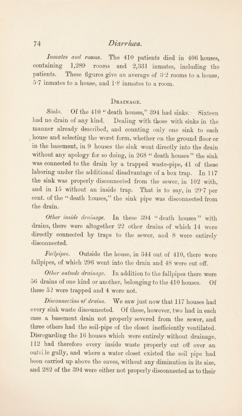 Inmates and rooms. The 410 patients died in 406 houses, containing 1,289 rooms and 2,331 inmates, including the patients. These figures give an average of 3*2 rooms to a house, o*7 inmates to a house, and 1*8 inmates to a room. Drainage. Sinks. Of the 410 “death houses,’5 394 had sinks. Sixteen had no drain of any kind. Dealing with those with sinks in the manner already described, and counting only one sink to each , house and selecting the worst form, whether on the ground floor or in the basement, in 9 houses the sink went directly into the drain without any apology for so doing, in 268 “ death houses ” the sink was connected to the drain by a trapped waste-pipe, 41 of these laboring under the additional disadvantage of a box trap. In 117 the sink was properly disconnected from the sewer, in 102 with, and in 15 without an inside trap. That is to say, in 29*7 per cent, of the “death houses,” the sink pipe was disconnected from the drain. Other inside drainage. In these 394 “ death houses ” with drains, there were altogether 22 other drains of which 14 were directly connected by traps to the sewer, and 8 were entirely disconnected. Fallpipes. Outside the house, in 344 out of 410, there were fallpipes, of which 296 went into the drain and 48 were cut off. Other outside drainage. In addition to the fallpipes there were 56 drains of one kind or another, belonging to the 410 houses. Of these 52 were trapped and 4 were not. Disconnection of drains. We saw just now that 117 houses had every sink waste disconnected. Of these, however, two had in each case a basement drain not properly severed from the sewer, and three others had the soil-pipe of the closet inefficiently ventilated. Disregarding the 16 houses which were entirely without drainage, 112 had therefore every inside waste properly cut off over an outside gully, and where a water closet existed the soil pipe had been carried up above the eaves, without any diminution in its size, and 282 of the 394 were either not properly disconnected as to their