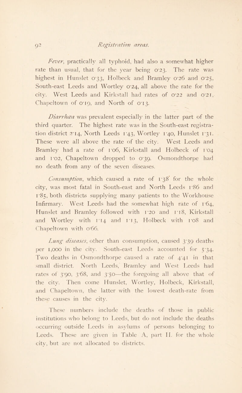 g2 Registration areas. Fever, practically all typhoid, had also a somewhat higher rate than usual, that for the year being 0'23. The rate was highest in Hunslet 0*33, Holbeck and Bramley o-26 and 0*25, South-east Leeds and Wortley 0*24, all above the rate for the city. West Leeds and Kirkstall had rates of 0*22 and 0’21,- Chapel town of O’ 19, and North of O'13. Diarrhoea was prevalent especially in the latter part of the third quarter. The highest rate was in the South-east registra¬ tion district 2,i4, North Leeds iq.3, Wortley i'40, Hunslet 1*31. These were all above the rate of the city. West Leeds and Bramley had a rate of ro6, Kirkstall and Holbeck of rog and 1 '02, Chapeltown dropped to 0*39. Osmondthorpe had no death from any of the seven diseases. Consumption, which caused a rate of 1*38 for the whole city, was most fatal in South-east and North Leeds r86 and 1*85, both districts supplying many patients to the Workhouse Infirmary. West Leeds had the somewhat high rate of 1-64, Hunslet and Bramley followed with 1*20 and ri8, Kirkstall and Wortley with ri4 and rr3, Holbeck with ro8 and Chapeltown with 0'66. Lung diseases, other than consumption, caused 339 deaths per 1,000 in the city. South-east Leeds accounted for 5 34. Two deaths in Osmondthorpe caused a rate of 4‘41 in that small district. North Leeds, Bramley and West Leeds had rates of 3'90, 3'68, and 3'50—the foregoing all above that of the city. Then come Hunslet, Wortley, Holbeck, Kirkstall, and Chapeltown, the latter with the lowest death-rate from these causes in the city. These numbers include the deaths of those in public institutions who belong to Leeds, but do not include the deaths occurring outside Leeds in asylums of persons belonging to Leeds. These are given in Table A, part II. for the whole city, but are not allocated to districts.