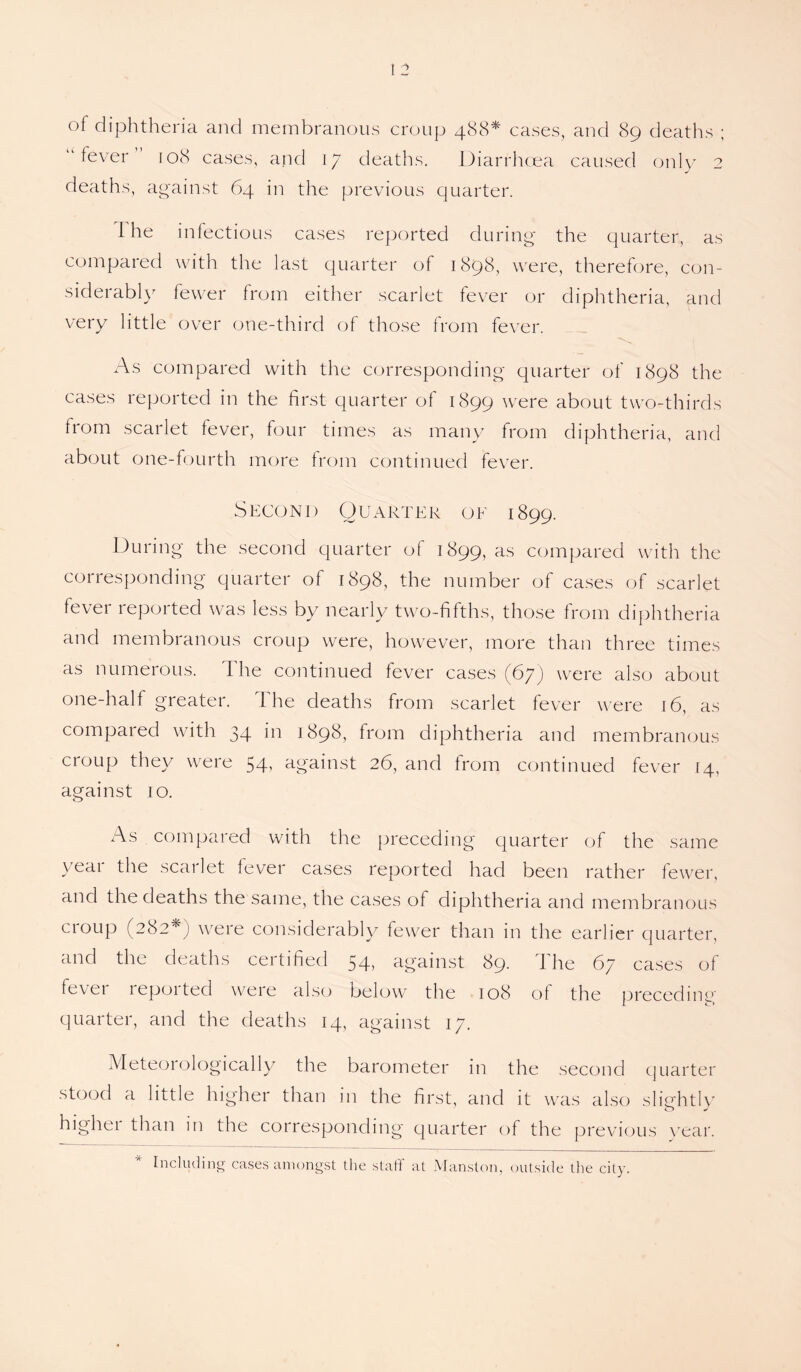 of diphtheria and membranous croup 488* cases, and 89 deaths ; fever 108 cases, and 17 deaths. Diarrhoea caused only 2 deaths, against 64 in the previous quarter. the infectious cases reported during the quarter, as compared with the last quarter of 1898, were, therefore, con¬ siderably fewer from either scarlet fever or diphtheria, and very little over one-third of those from fever. As compared with the corresponding quarter of 1898 the cases reported in the first quarter of 1899 were about two-thirds from scarlet fever, four times as many from diphtheria, and about one-fourth more from continued fever. Second Quarter oe 1899. During the second quarter of 1899, as compared with the corresponding quarter of 1898, the number of cases of scarlet fever reported was less by nearly two-fifths, those from diphtheria and membranous croup were, however, more than three times as numerous. The continued fever cases (67) were also about one-half greater. The deaths from scarlet fever were 16, as compared with 34 in 1898, from diphtheria and membranous croup they were 54, against 26, and from continued fever 14, against 10. As compared with the preceding quarter of the same year the scarlet fever cases reported had been rather fewer, and the deaths the same, the cases of diphtheria and membranous cioup (282*) were considerably fewer than in the earlier quarter, and the deaths certified 54, against 89. The 67 cases of tevei lepoited were also below the 108 of the preceding' quarter, and the deaths 14, against 17. Meteorologically the barometer in the second quarter stood a little higher than in the first, and it was also slightly highei than in the corresponding quarter of the previous year. Including cases amongst the staff at Mansion, outside the city.