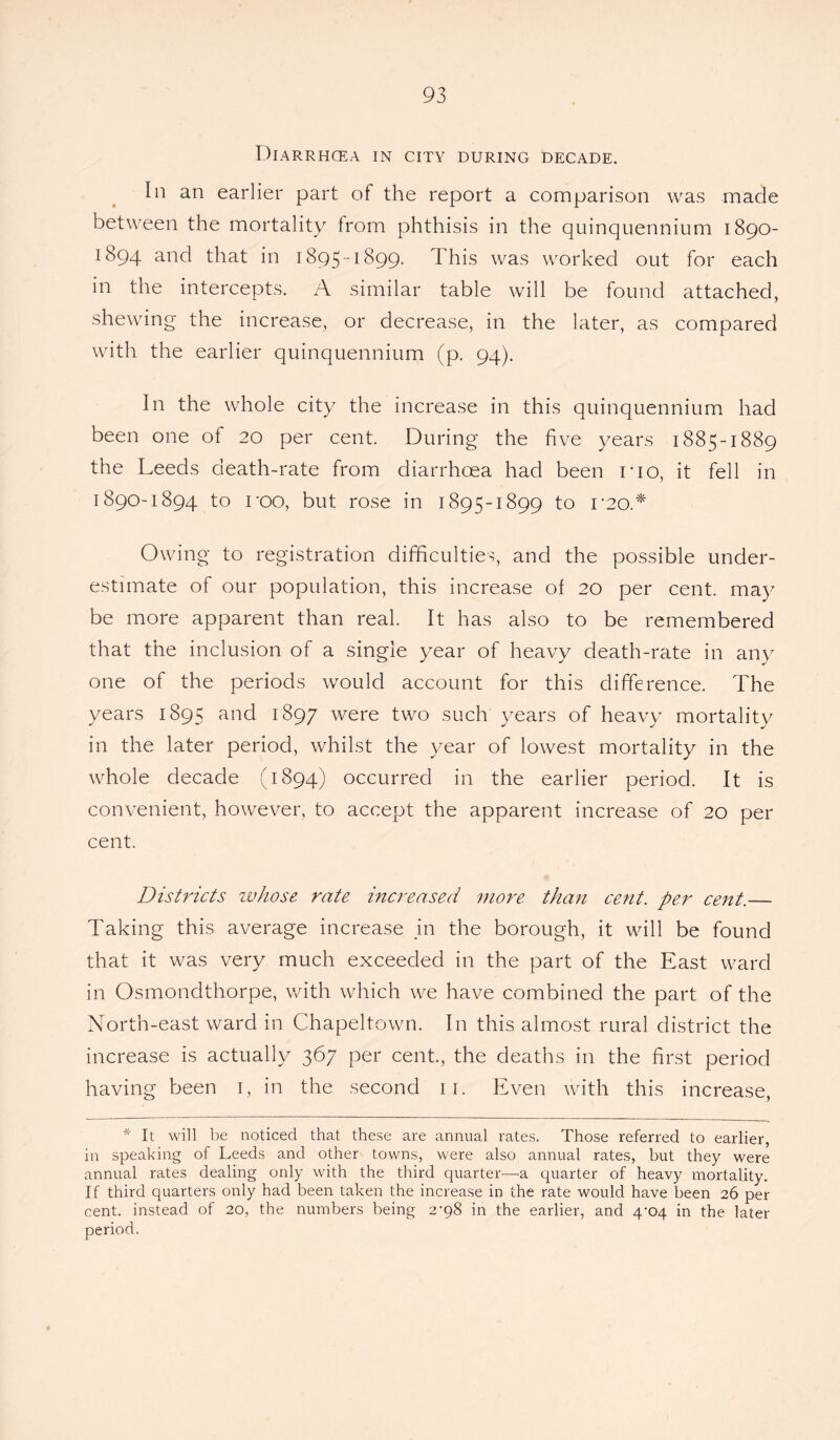 Diarrhcea in city during decade. In an earlier part of the report a comparison was made between the mortality from phthisis in the quinquennium 1890- 1894 and that in 1895-1899. 1 his was worked out for each in the intercepts. A similar table will be found attached, shewing the increase, or decrease, in the later, as compared with the earlier quinquennium (p. 94). In the whole city the increase in this quinquennium had been one of 20 per cent. During the five years 1885-1889 the Leeds death-rate from diarrhoea had been no, it fell in 1890-1894 to roo, but rose in 1895-1899 to no.* Owing to registration difficulties, and the possible under¬ estimate of our population, this increase of 20 per cent, may be more apparent than real. It has also to be remembered that the inclusion of a single year of heavy death-rate in any one of the periods would account for this difference. The years 1895 and 1897 were two such years of heavy mortality in the later period, whilst the year of lowest mortality in the whole decade (1894) occurred in the earlier period. It is convenient, however, to accept the apparent increase of 20 per cent. Districts whose rate increased more than cent, per cent.— Taking this average increase in the borough, it will be found that it was very much exceeded in the part of the East ward in Osmondthorpe, with which we have combined the part of the North-east ward in Chapeltown. In this almost rural district the increase is actually 367 per cent., the deaths in the first period having been 1, in the second 11. Even with this increase, * It will be noticed that these are annual rates. Those referred to earlier, in speaking of Leeds and other towns, were also annual rates, but they were annual rates dealing only with the third quarter—-a quarter of heavy mortality. If third quarters only had been taken the increase in the rate would have been 26 per cent, instead of 20, the numbers being 2-98 in the earlier, and 4-04 in the later