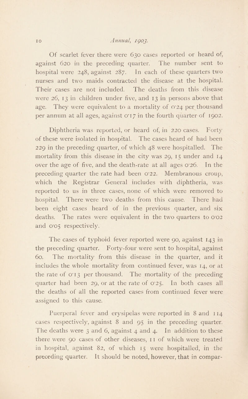 Of scarlet fever there were 630 cases reported or heard of, against 620 in the preceding quarter. The number sent to hospital were 248, against 287. In each of these quarters two nurses and two maids contracted the disease at the hospital. Their cases are not included. The deaths from this disease were 26, 13 in children under five, and 13 in persons above that age. They were equivalent to a mortality of 0^24 per thousand per annum at all ages, against 0*17 in the fourth quarter of 1902. Diphtheria was reported, or heard of, in 220 cases. P'orty of these were isolated in hospital. The cases heard of had been 229 in the preceding quarter, of which 48 were hospitalled. The mortality from this disease in the city was 29, 15 under and 14 over the age of five, and the death-rate at all ages 0*26. In the preceding quarter the rate had been 0'22. Membranous croup, which the Registrar General includes with diphtheria, was reported to us in three cases, none of which were removed to hospital. There were two deaths from this cause. There had been eight cases heard of in the previous quarter, and six deaths. The rates were equivalent in the two quarters to 0’02 and 0'05 respectively. The cases of typhoid fever reported were 90, against 143 in the preceding quarter. Forty-four were sent to hospital, against 60. The mortality from this disease in the quarter, and it includes the whole mortality from continued fever, was 14, or at the rate of 0*13 per thousand. The mortality of the preceding quarter had been 29, or at the rate of 0’25. In both cases all the deaths of all the reported cases from continued fever were assigned to this cause. Puerperal fever and erysipelas were reported in 8 and 114 cases respectively, against 8 and 95 in the preceding quarter. The deaths were 3 and 6, against 4 and 4. In addition to these there were 90 cases of other diseases, 11 of which were treated in hospital, against 82, of which 15 were hospitalled, in the preceding quarter. It should be noted, however, that in compar-