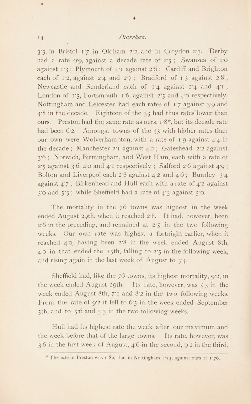 Diarrh(Ea. 3'3, in Bristol 17, in Oldham. 2*2, and in Croydon 2’3. Derby had a rate O'g, against a decade rate of 27 ; Swansea of I’O against r3 ; Plymouth of ri against 2‘6 ; Cardiff and Brighton each of r2, against 2^4 and 27; Bradford of 17 against 2*8; Newcastle and Sunderland each of i'4 against 2*4 and 4'i ; London of 1*5, Portsmouth r6, against 27 and 4’0 respectively. Nottingham and Leicester had each rates of 17 against 3'9 and 4*8 in the decade. Eighteen of the 33 had thus rates lower than ours. Preston had the same rate as ours, r8^, but its decade rate had been 6’2. Amongst towns of the 33 with higher rates than our own were Wolverhampton, with a rate of 1*9 against 4^4 in the decade ; Manchester 2'i against 4'2 ; Gateshead 2’2 against 3*6 ; Norwich, Birmingham, and West Plam, each with a rate of 27 against 3‘6, 4*0 and 4’i respectively ; Salford 2’6 against 4^9 ; Bolton and Liverpool each 2'8 against 4*2 and 4'6 ; Burnley 3^4 against 47 ; Birkenhead and PIull each with a rate of 4’2 against 3’0 and 57 ; while Sheffield had a rate of 47 against 5‘0. The mortality in the 76 towns was highest in the week ended August 29th, when it reached 2*8. It had, however, been 2’6 in the preceding, and remained at 27 in the two following weeks. Our own rate was highest a fortnight earlier, when it reached 4‘0, having been 2'8 in the week ended August 8th, 4*0 in that ended the 15th, falling to 27 in the following week, and rising again in the last week of August to 3*4. Sheffield had, like the 76 towns, its highest mortality, 9'2, in the week ended August 29th. Its rate, however, was 57 in the week ended August 8th, 7*1 and 8'2 in the two following weeks. From the rate of 9‘2 it fell to 67 in the week ended September 5th, and to 5'6 and 57 in the two following weeks. Hull had its highest rate the week after our maximum and the week before that of the large towns. Its rate, however, was 3'6 in the first week of August, 4-6 in the second, 9-2 in the third. * The rate in Preston was i '82, that in Nottingham i 74, against ours of i 76.