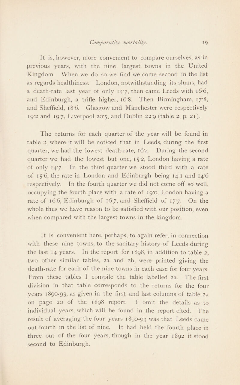 It is, however, more convenient to compare ourselves, as in previous years, with the nine largest towns in the United Kingdom. When we do so we find we come second in the list as regards healthiness. London, notwithstanding its slums, had a death-rate last year of only 157, then came Leeds with i6‘6, and Edinburgh, a trifle higher, i6'8. Then Birmingham, 17*8, and Sheffield, i8‘6. Glasgow and Manchester were respectively 19*2 and 197, Liverpool 207, and Dublin 22^9 (table 2, p. 21). The returns for each quarter of the year will be found in table 2, where it will be noticed that in Leeds, during the first quarter, we had the lowest death-rate, 16*4. During the second quarter we had the lowest but one, I5'2, London having a rate of only 147. In the third quarter we stood third with a rate of 15*6, the rate in London and Edinburgh being iq’i and I4‘6 respectively. In the fourth quarter we did not come off so well, occupying the fourth place with a rate of ip'O, London having a rate of i6‘6, Edinburgh of 167, and Sheffield of 177. On the whole thus we have reason to be satisfied with our position, even when compared with the largest towns in the kingdom. It is convenient here, perhaps, to again refer, in connection with these nine towns, to the sanitary history of Leeds during the last 14 years. In the report for 1898, in addition to table 2, two other similar tables, 2a and 2b, were printed giving the death-rate for each of the nine towns in each case for four years. From these tables I compile the table labelled 2a. The first division in that table corresponds to the returns for the four years 1890-93, as given in the first and last columns of table 2a on page 20 of the 1898 report. I omit the details as to individual years, which will be found in the report cited. The result of averaging the four years 1890-03 was that Leeds came out fourth in the list of nine. It had held the fourth place in three out of the four years, though in the year 1892 it stood second to Edinburgh.