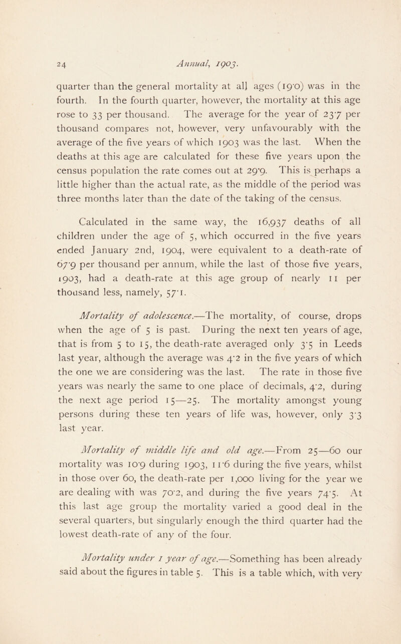 quarter than the general mortality at all ages (iQ'o) was in the fourth. In the fourth quarter, however, the mortality at this age rose to 33 per thousand. The average for the year of 237 per thousand compares not, however, very unfavourably with the average of the five years of which 1903 was the last. When the deaths at this age are calculated for these five years upon the census population the rate comes out at 29*9. This is perhaps a little higher than the actual rate, as the middle of the period was three months later than the date of the taking of the census. Calculated in the same way, the 16,937 deaths of all children under the age of 5, which occurred in the five years ended January 2nd, 1904, were equivalent to a death-rate of 67‘9 per thousand per annum, while the last of those five years, 1903, had a death-rate at this age group of nearly ii per thousand less, namely, 57*1. Mortality of adolescence.—The mortality, of course, drops when the age of 5 is past. During the next ten years of age, that is from 5 to 15, the death-rate averaged only 37 in Leeds last year, although the average was 4'2 in the five years of which the one we are considering was the last. The rate in those five years was nearly the same to one place of decimals, 4*2, during the next age period 15—25. The mortality amongst young persons during these ten years of life was, however, only 37 last year. Mortality of middle life and old age.—From 25—60 our mortality was iO'9 during 1903, i r6 during the five years, whilst in those over 60, the death-rate per 1,000 living for the year we are dealing with was 70’2, and during the five years 74-5. At this last age group the mortality varied a good deal in the several quarters, but singularly enough the third quarter had the lowest death-rate of any of the four. Mortality under i year of age.—Something has been already said about the figures in table 5- This is a table which, with very