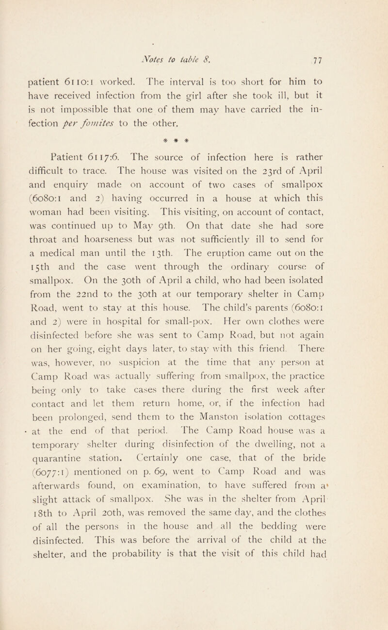 patient 6iiO:i worked. The interval is too short for him to have received infection from the girl after she took ill, but it is not impossible that one of them may have carried the in¬ fection per foDiites to the other. ^ ^ Patient 6117:6. The source of infection here is rather difficult to trace. The house was visited on the 23rd of April and enquiry made on account of two cases of smallpox (6080:1 and 2) having occurred in a house at which this woman had been visiting. This visiting, on account of contact, was continued up to May 9th. On that date she had sore throat and hoarseness but was not sufficiently ill to send for a medical man until the 13th. The eruption came out on the 15th and the case went through the ordinary course of smallpox. On the 30th of April a child, who had been isolated from the 22nd to the 30th at our temporary shelter in Camp Road, went to stay at this house. The child’s parents (6080:1 and 2) were in hospital for small-pox. Her own clothes were disinfected before she was sent to Camp Road, but not again on her going, eight days later, to stay v.dth this friend. There was, however, no suspicion at the time that any person at Camp Road was actually suffering; from smallpox, the practice being onlv to take cases there during the first week after contact and let them return hoiwe, or, if the infection had been prolonged, send them to the Manston isolation cottages • at the end of that period. The Camp Road house was a temporary shelter during disinfection of the dwelling, not a quarantine station. Certainly one case, that of the bride (6077:1) mentioned on p. 69, went to Camp Road and was afterwards found, on examination, to have suffered from a* slight attack of smallpox. She was in the shelter from April 18th to April 20th, was removed the same day, and the clothes of all the persons in the house and all the bedding were disinfected. This was before the arrival of the child at the shelter, and the probability is that the visit of this child had